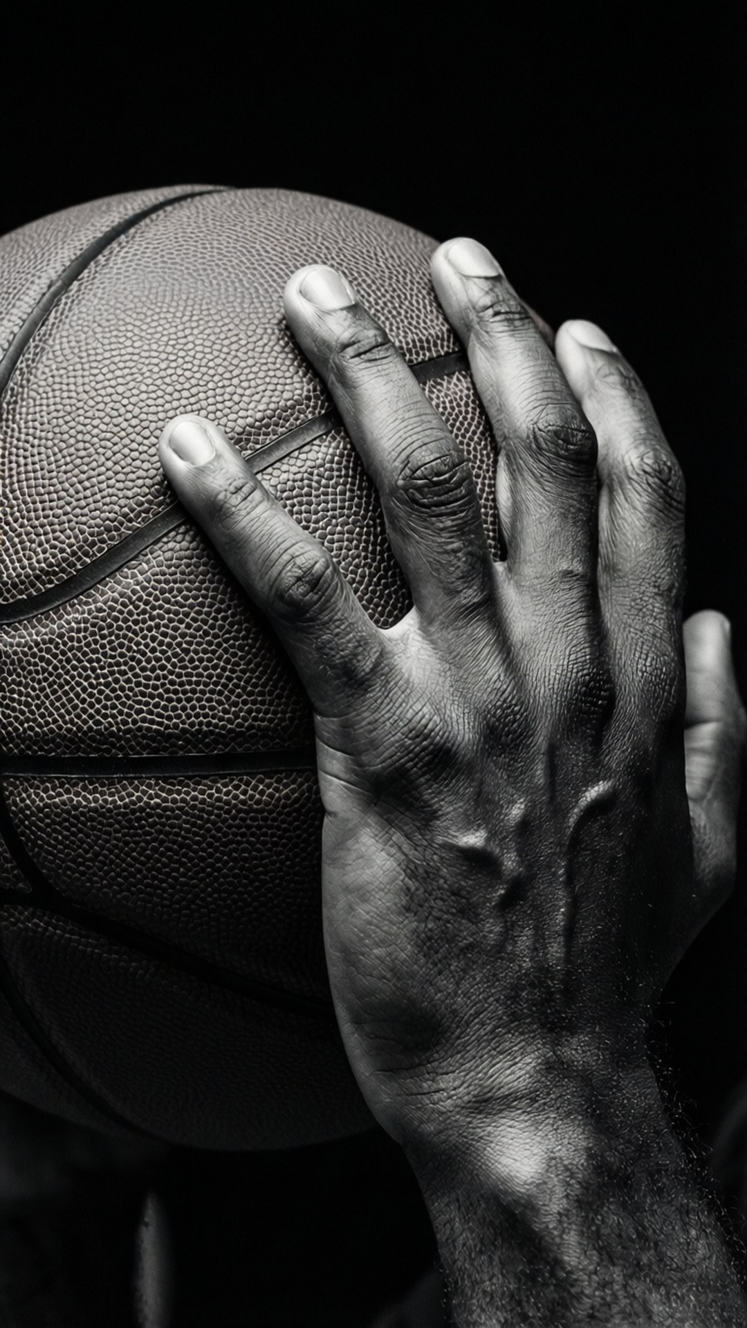Hands on the Ball 壁紙 — 一個特寫黑白鏡頭，一隻飽經風霜的手在黑暗背景下緊握籃球。
