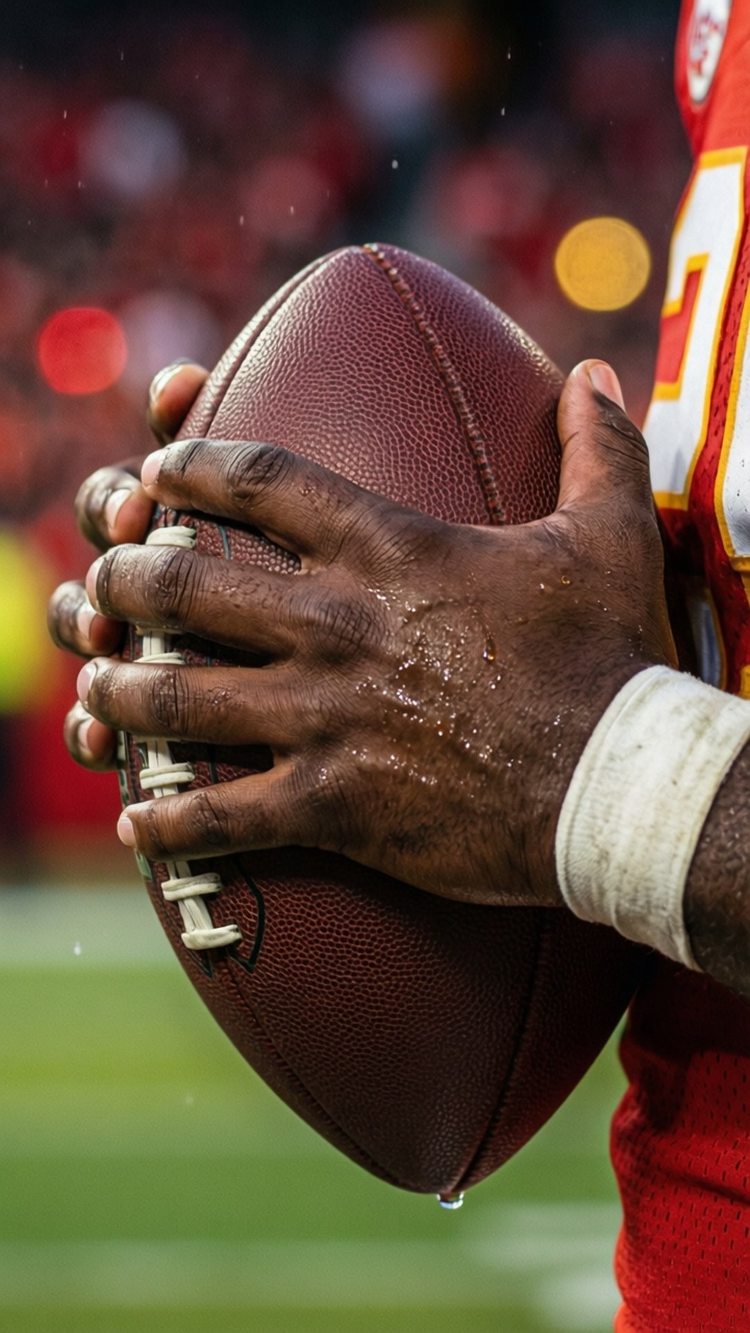 Grip on the Ball 壁紙 — 一個美式足球運動員汗濕的手緊握棕色皮革足球的特寫，背景是雨中的球場和模糊的體育場燈光。