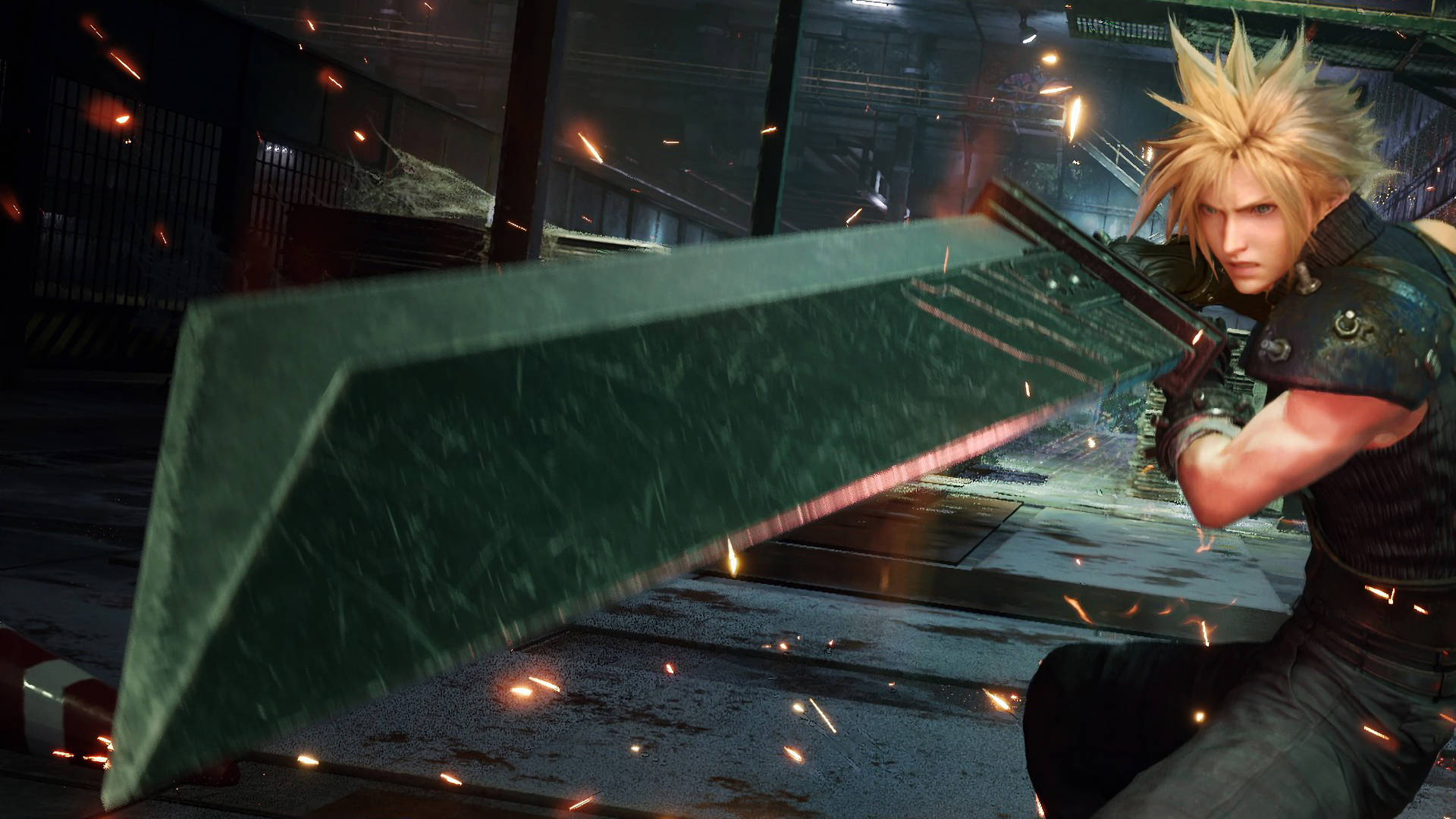 Cloud Strife 在戰鬥中揮舞著他的大劍，身處黑暗的工業環境。 — 最終幻想7 壁紙