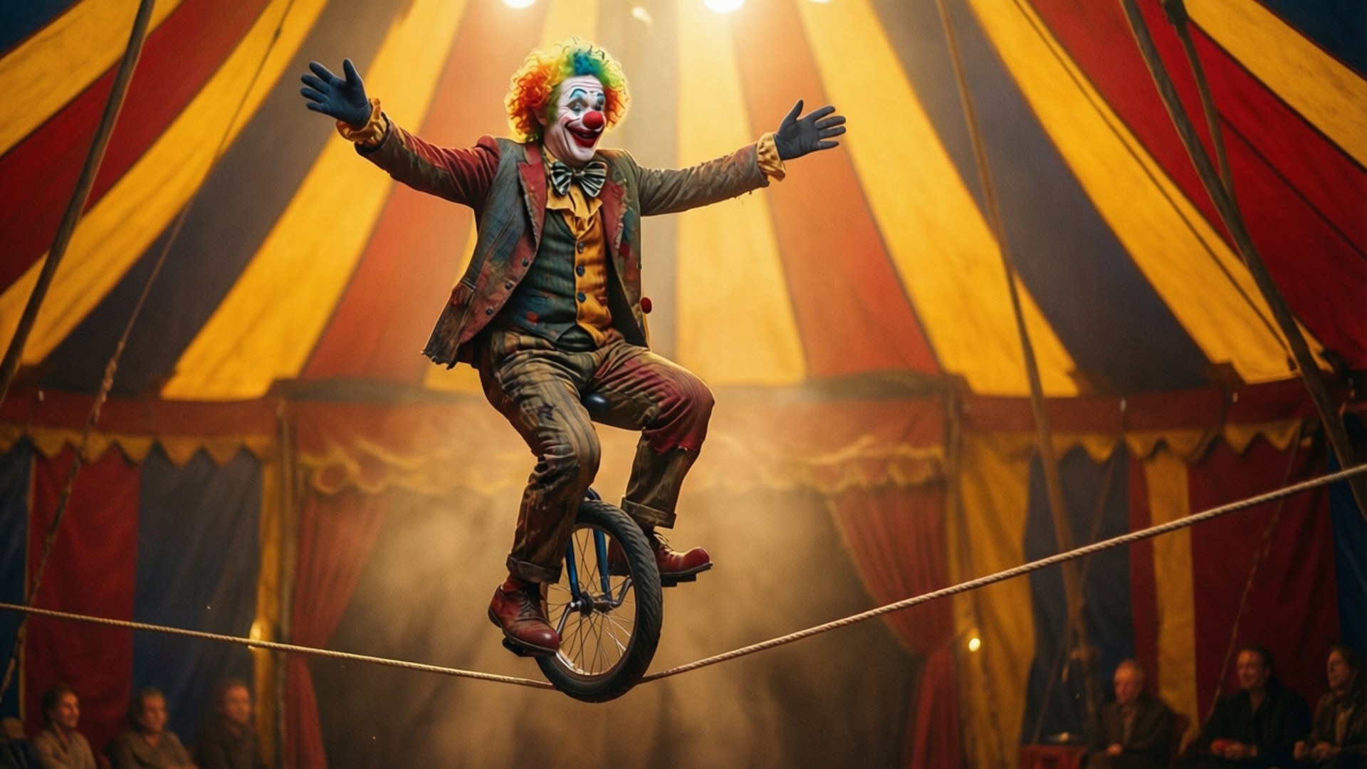Unicycle Clown on Tightrope 壁紙 — 一個戴著彩色假髮、穿著復古西裝的小丑，在條紋馬戲帳篷內的鋼線上騎獨輪車保持平衡。