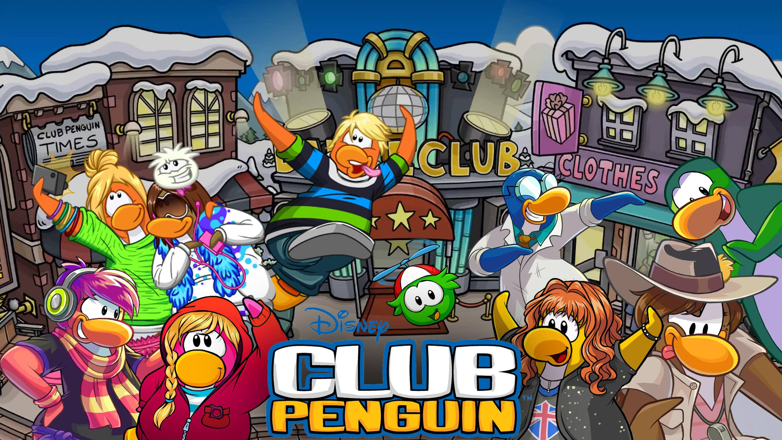 遊戲 桌布 壁紙 — Club Penguin 中充滿活力的冬季場景，動畫企鵝角色在白雪覆蓋的建築物前愉快地擺姿勢。