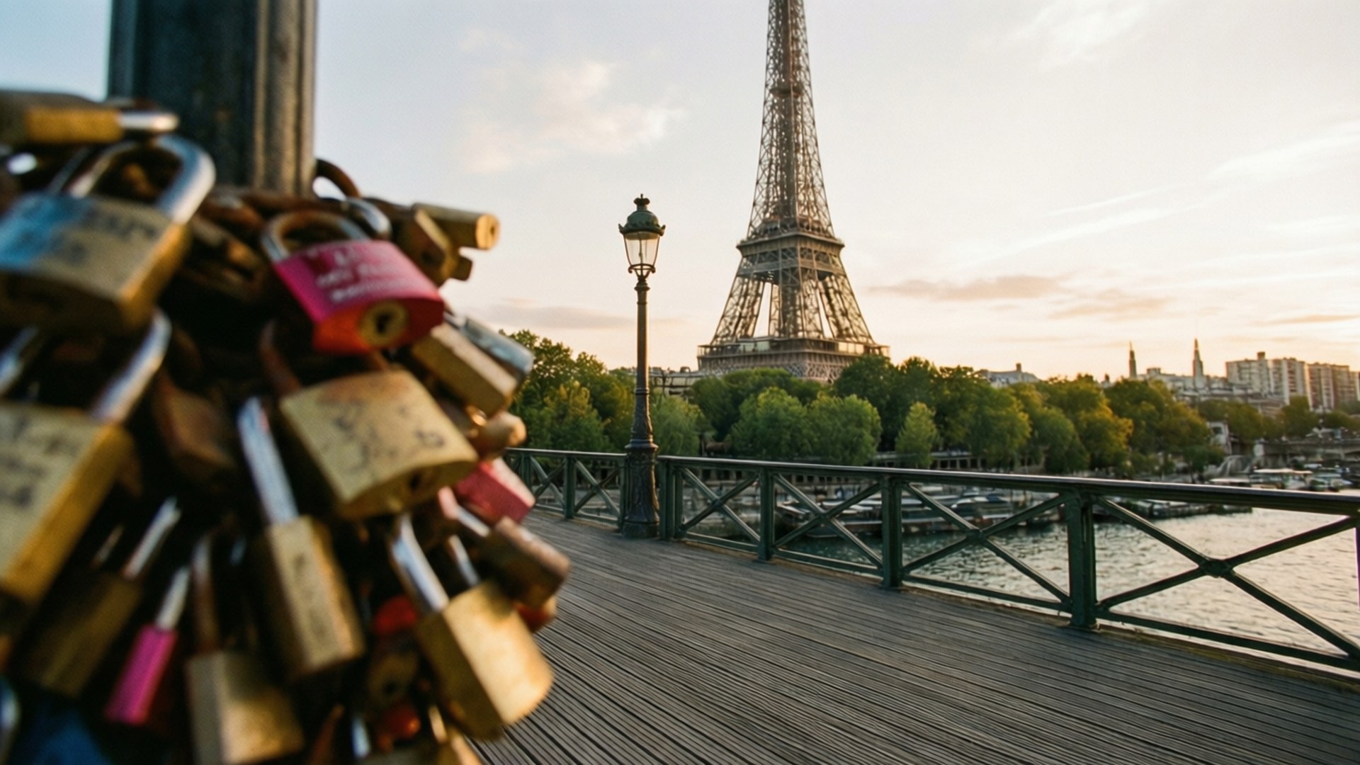 Love Locks and Tower 壁紙 — 一簇生鏽且色彩繽紛的愛情鎖掛在前景，艾菲爾鐵塔在柔和的金色日落光芒中矗立在河濱步道後方。