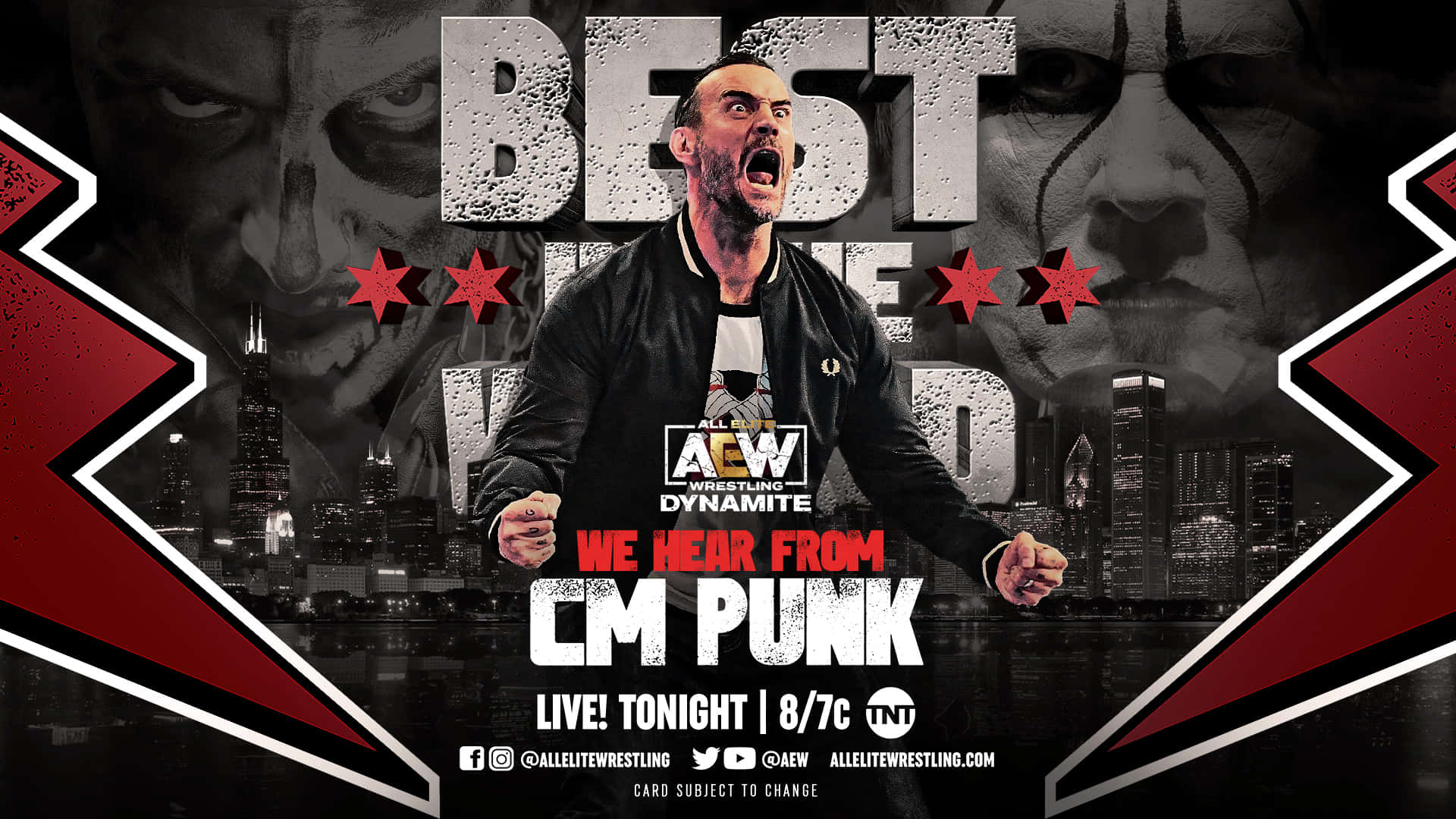 Aew 桌布 壁紙 — CM Punk 身穿黑色外套，在城市天際線背景下咆哮，帶有 AEW Dynamite 品牌標誌和威脅性的面部疊加。