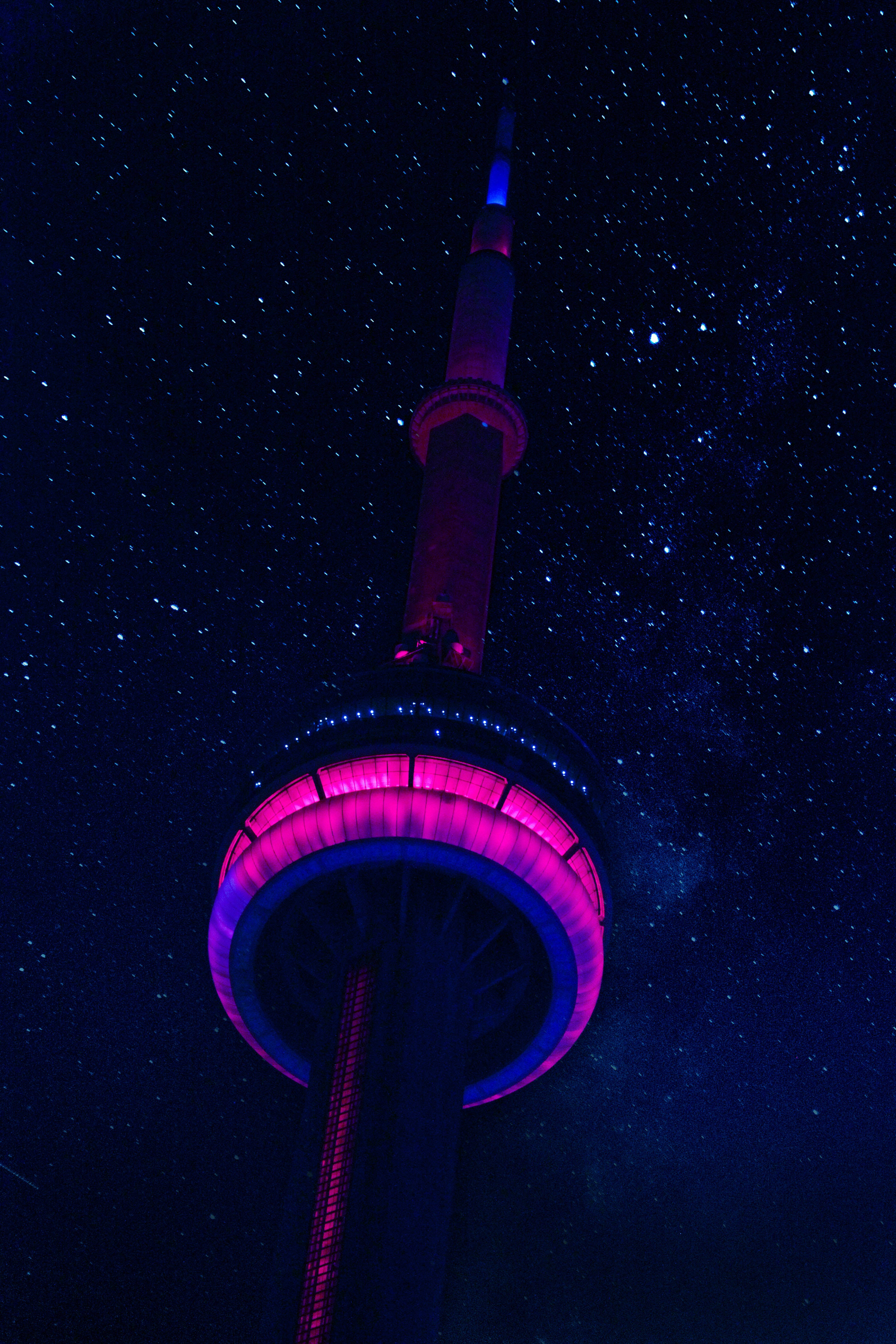Night Aesthetic 桌布 壁紙 — CN塔在佈滿無數星星的星空夜空下，散發出充滿活力的粉紅色和藍色光芒。