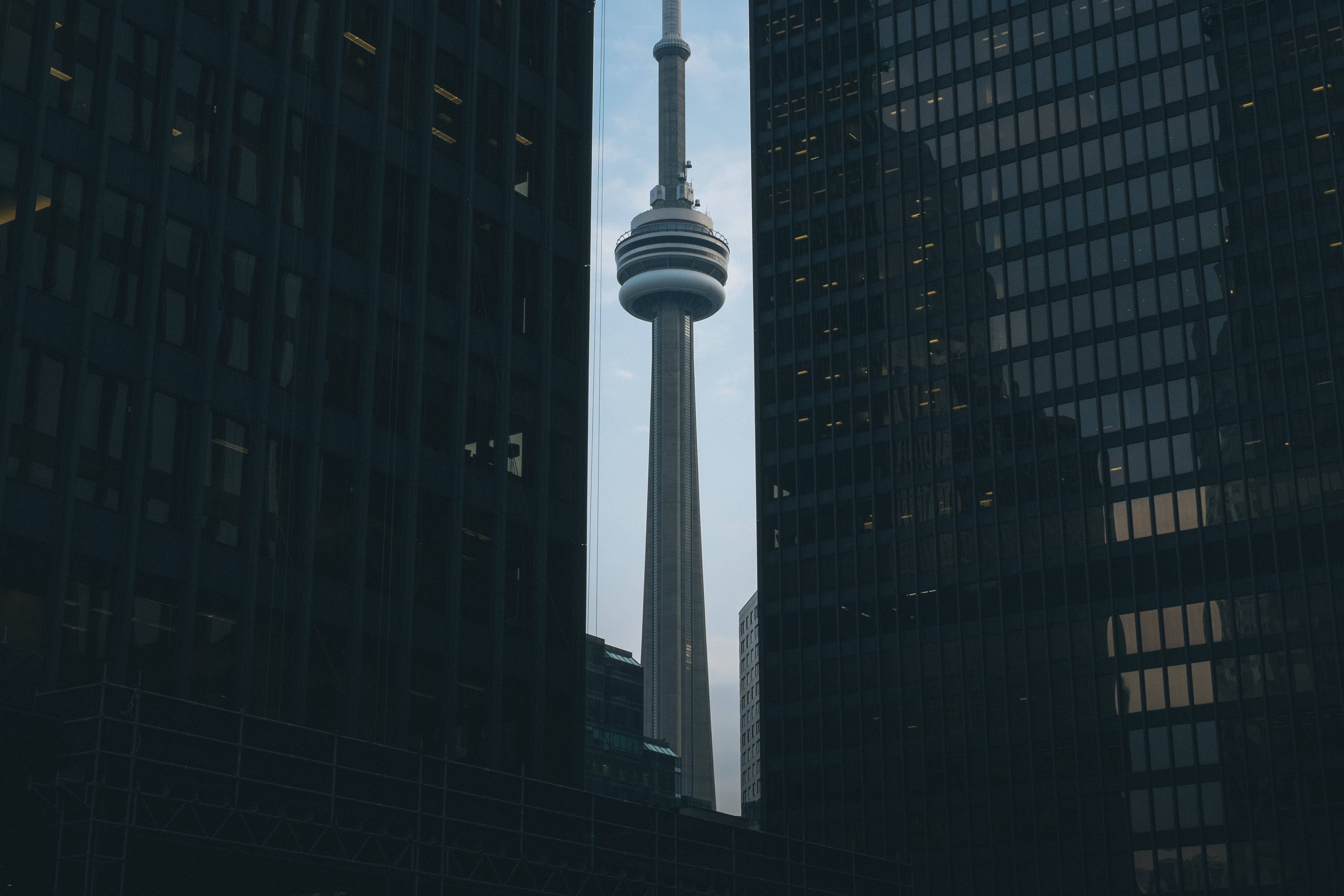 Buildings 桌布 壁紙 — CN塔在蒼白的天空下，聳立於兩座深色玻璃摩天大樓之間。