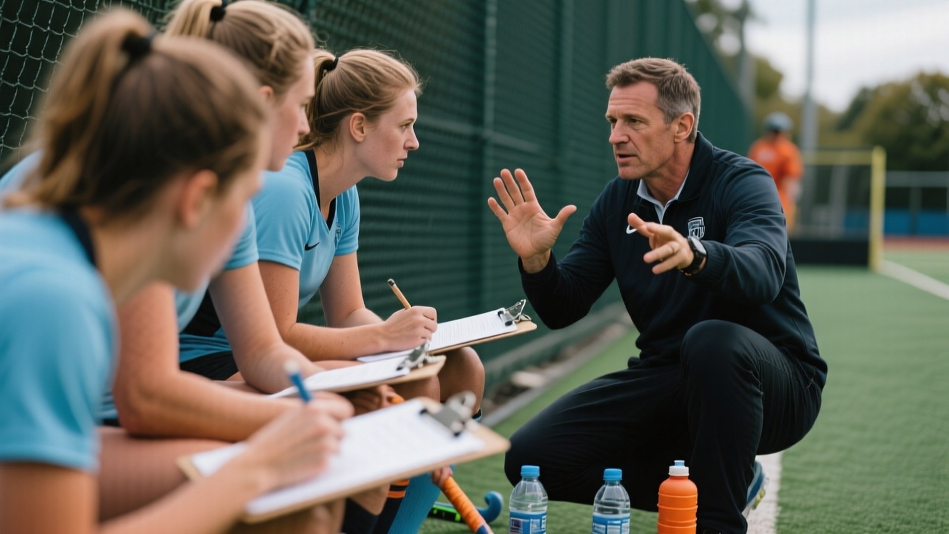 Coaching Moment 壁紙 — 一位教練跪在綠色草地上，一邊做手勢一邊與三名身穿藍色球衣的女運動員交談，她們正在寫字板上做筆記。