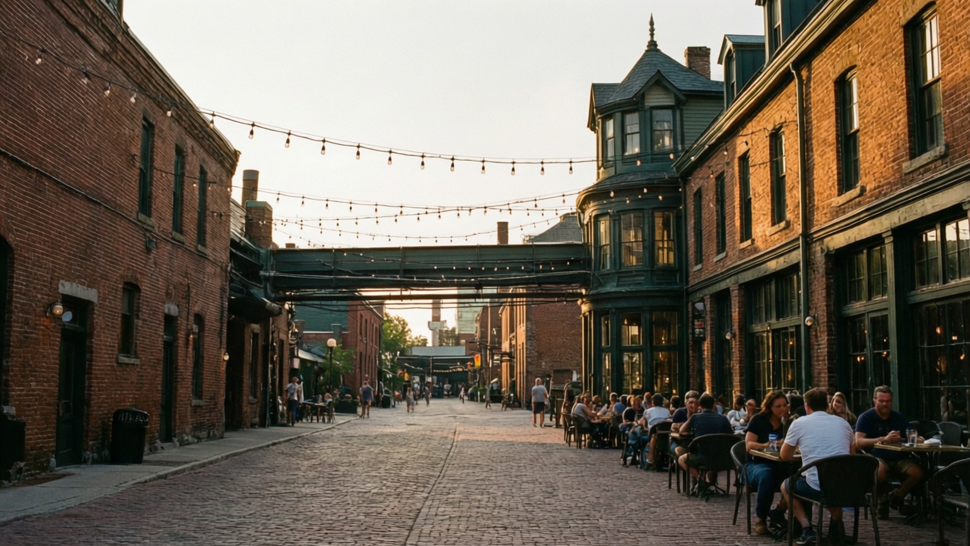 Distillery District Warmth 壁紙 — 鵝卵石小巷兩旁是磚砌建築和串燈，人們在溫暖的晚間燈光下在戶外餐桌用餐。