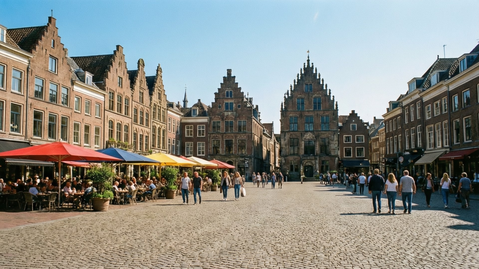 Nijmegen 桌布 壁紙 — 鵝卵石廣場上人潮湧動，色彩繽紛的咖啡館遮陽傘下，兩旁是歷史悠久的山牆磚造建築，頭頂是清澈的藍天。