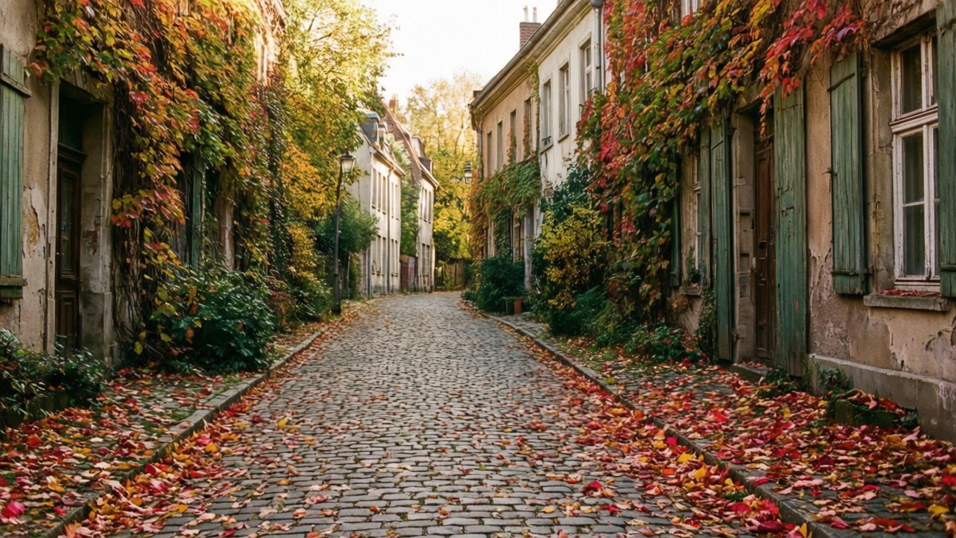European Cobblestone Autumn 壁紙 — 一條鵝卵石街道，兩旁是爬滿常春藤的建築物，以及溫暖的紅、黃、橙色調的秋季落葉。
