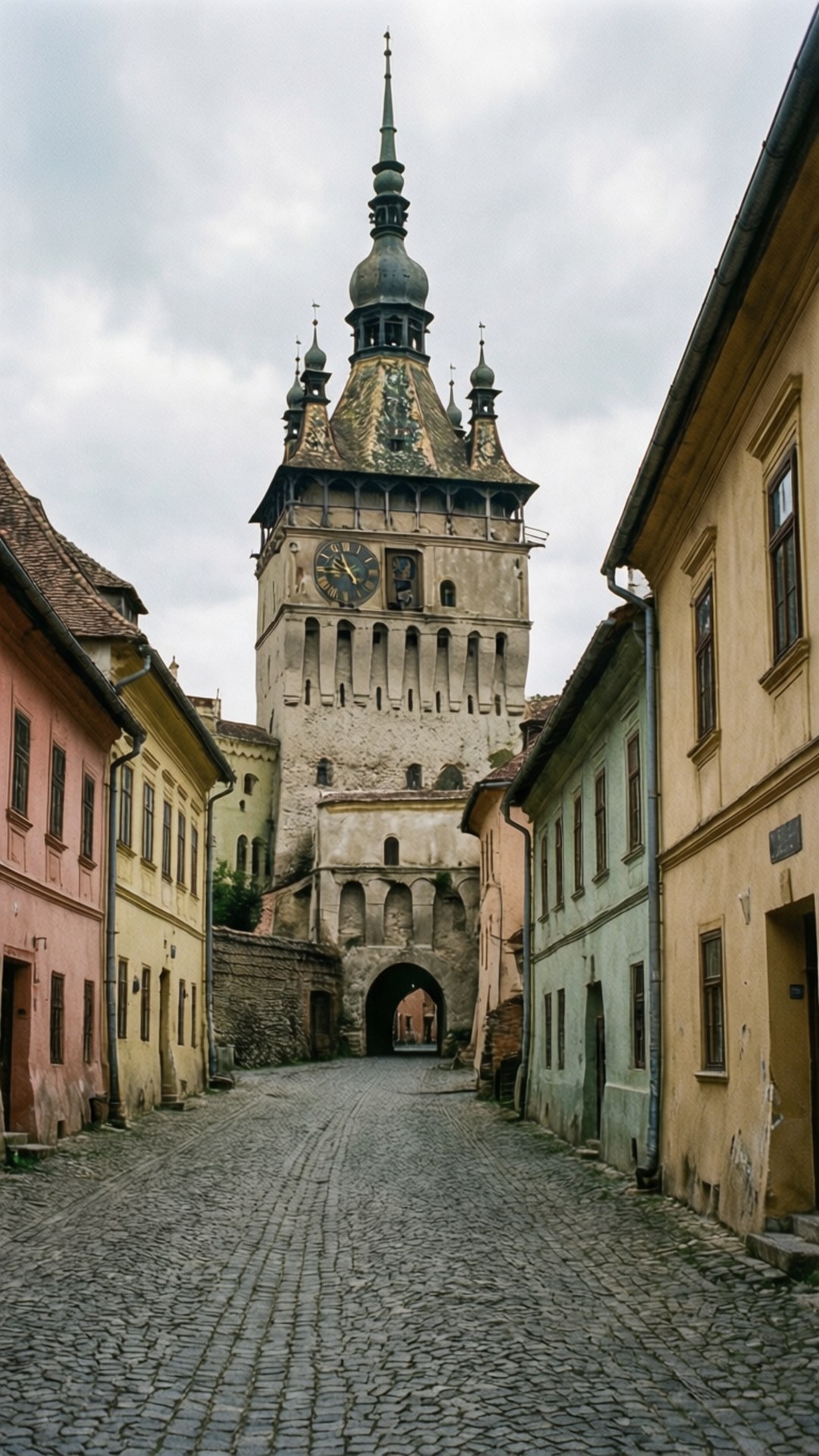 Sighisoara Medieval Citadel 壁紙 — 一條鵝卵石街道兩旁是柔和色調的建築，通向一座高聳的鐘樓，鐘樓上有綠色尖頂，天空多雲。