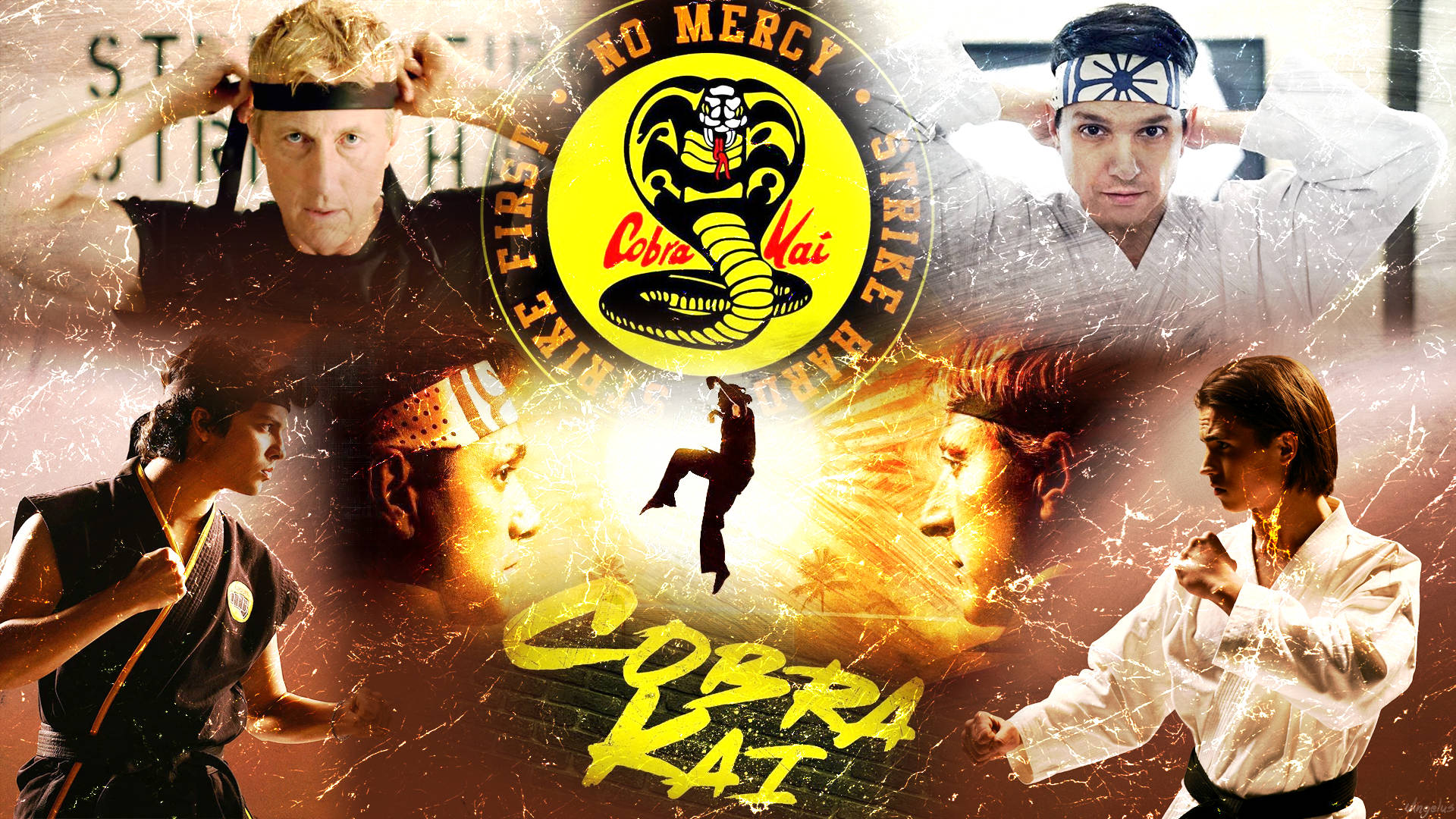 眼鏡蛇道館 桌布 壁紙 — Cobra Kai 武術戰士以動態姿勢圍繞標誌性的 Cobra Kai 標誌，背景火熱。