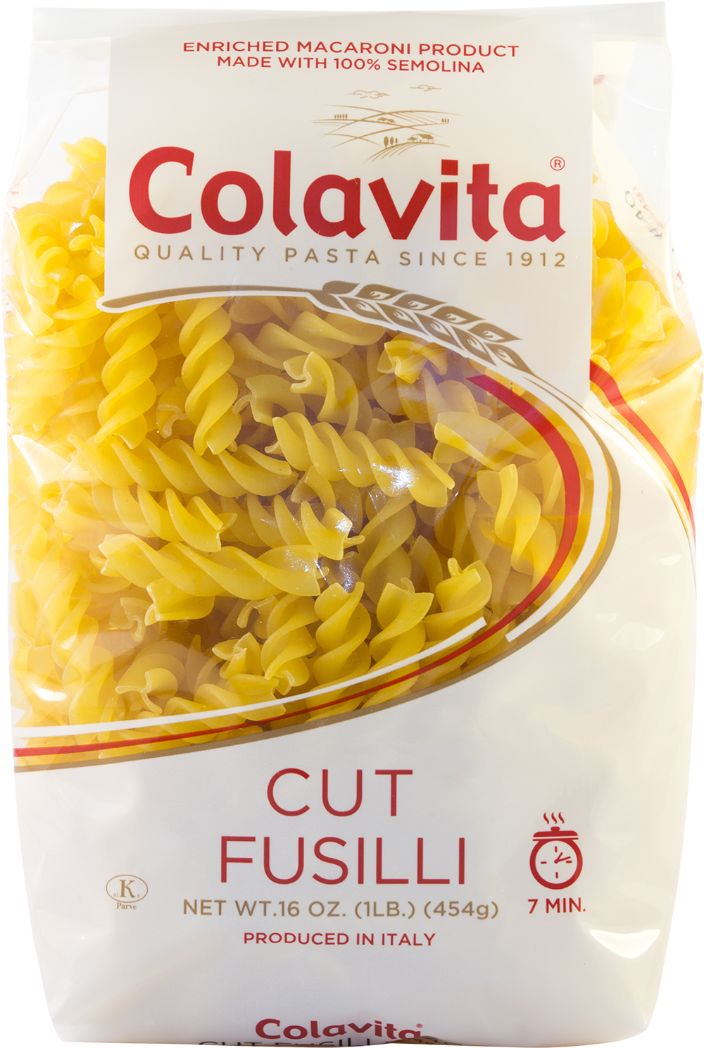 義大利麵 桌布 壁紙 — Colavita 切碎螺絲粉袋的特寫，透過透明塑膠包裝顯示金色螺旋麵條。