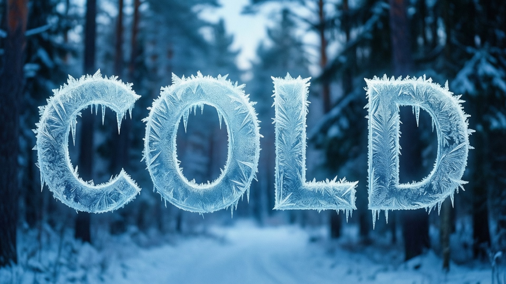 Frosty Cold Typography 壁紙 — 「cold」一詞以冰凍字母組成，每個字母上掛著霜凍的冰柱，背景是白雪皚皚的森林。