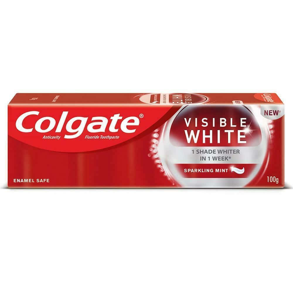  壁紙 — 一個紅色Colgate Visible White牙膏盒承諾一星期內亮白一度，帶有閃爍薄荷味。