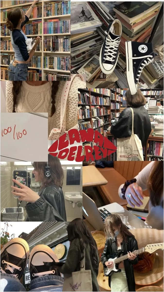  壁紙 — 一個人在書店瀏覽書籍和彈吉他的拼貼畫，穿著復古Converse運動鞋和手提袋。