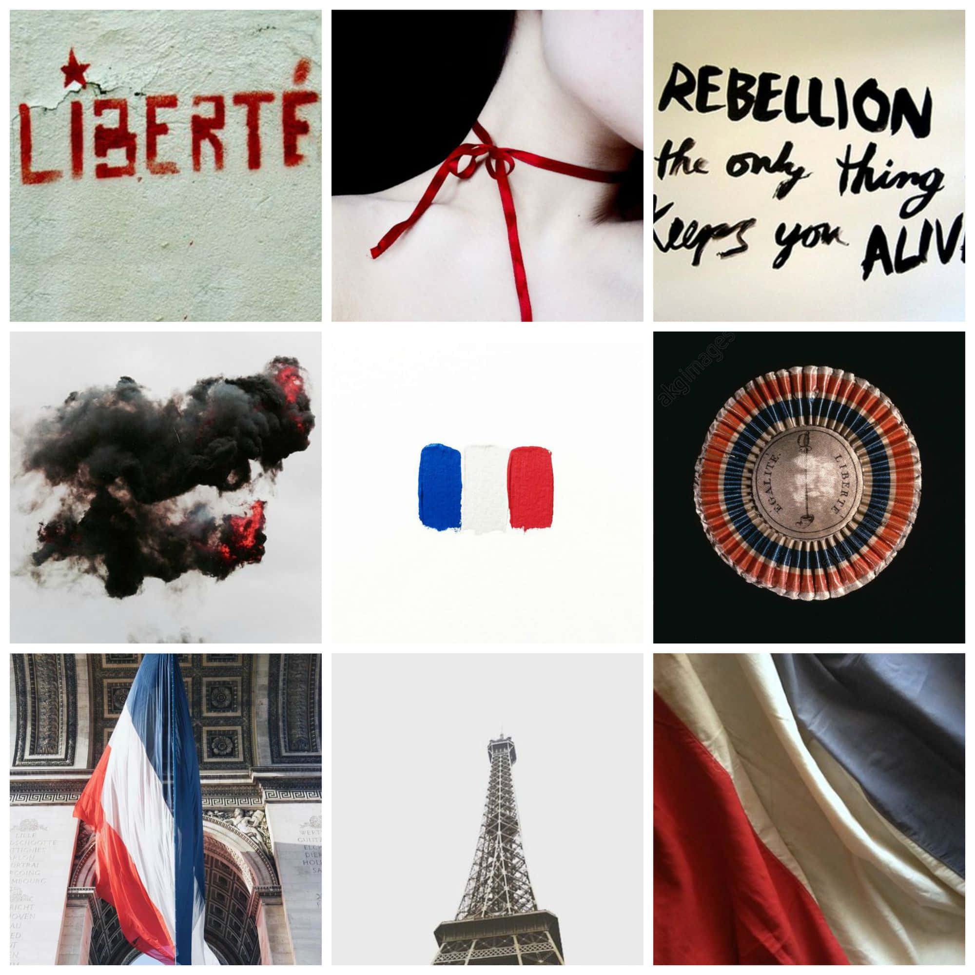 french 桌布 壁紙 — 法國符號的拼貼畫，包括塗鴉自由文字、煙霧、國旗、艾菲爾鐵塔和反叛名言。