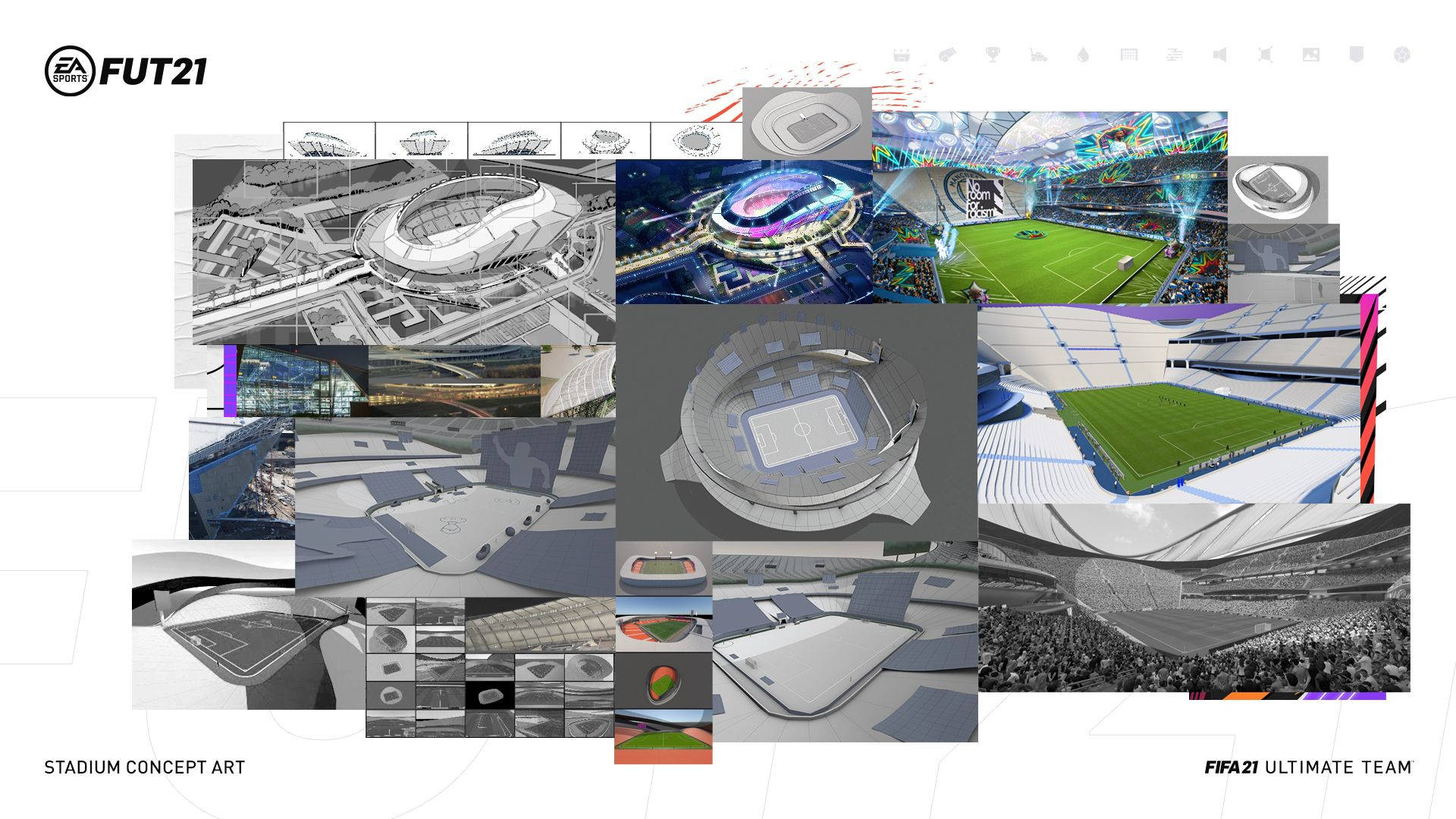 Football Field 桌布 壁紙 — FIFA 21 Ultimate Team 的未來風格球場概念藝術拼貼，展示時尚設計和充滿活力的比賽氛圍。