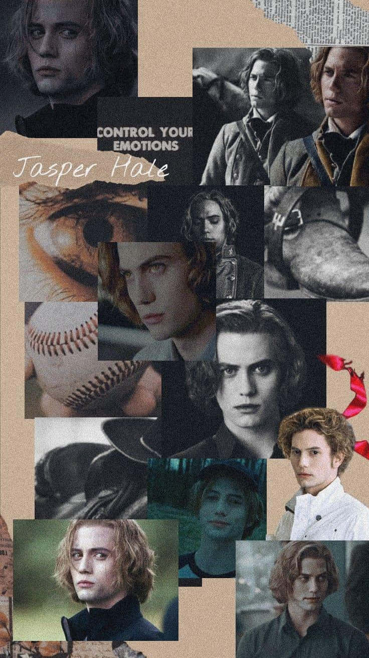  壁紙 — 一幅來自《暮光之城》的 Jasper Hale 拼貼畫，包含棒球和眼睛特寫，背景為有紋理的米色。