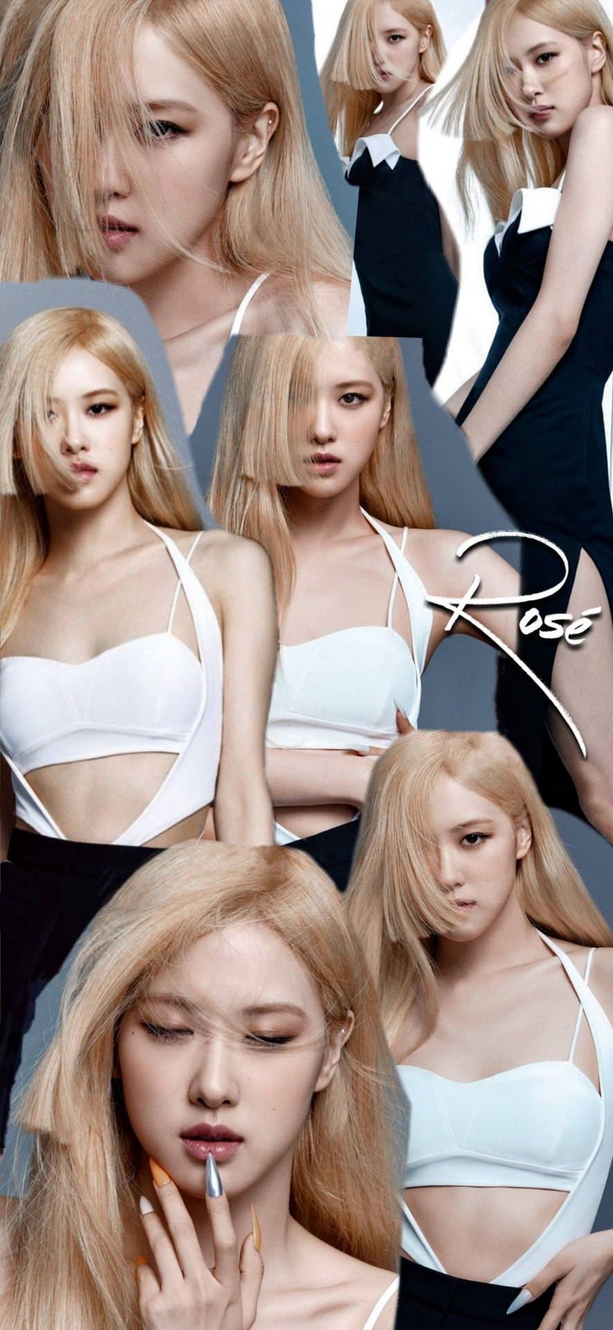 金髮女性穿著白色上衣在攝影棚照片中擺姿勢的拼貼。 — Blackpink 壁紙