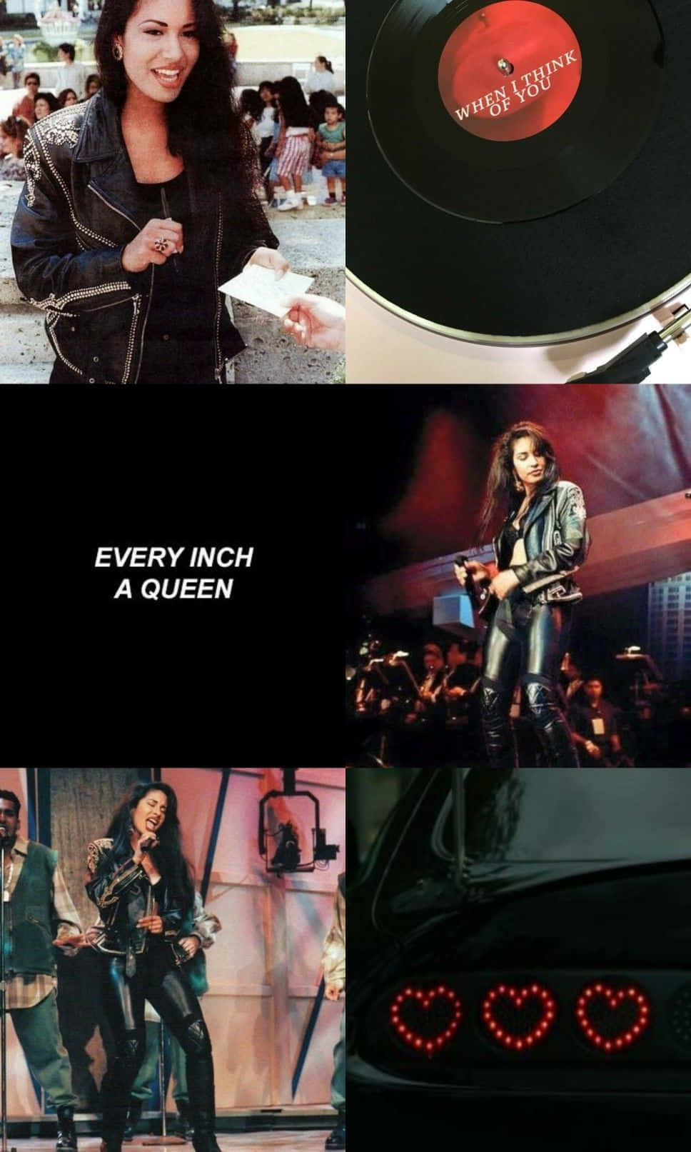 Selena Quintanilla iPhone 桌布 壁紙 — Selena Quintanilla 在舞台上和自然瞬間表演的拼貼畫，連同黑膠唱片和心形尾燈的汽車。