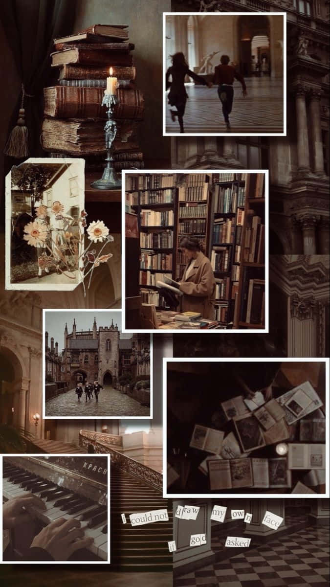Dark Book Aesthetic 桌布 壁紙 — 一幅以書籍、宏偉圖書館、大教堂和彈鋼琴的手為主題的懷舊棕調場景拼貼畫，喚起懷舊與靜思。