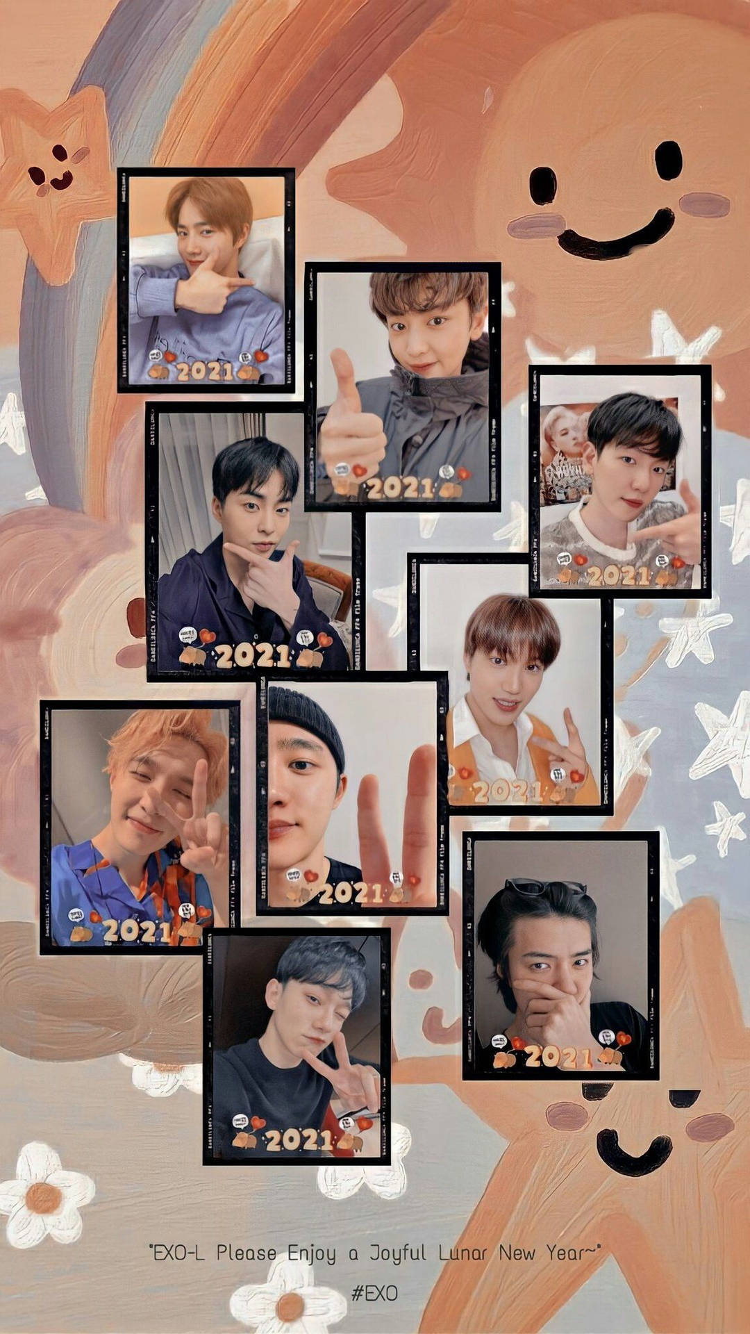 七位K-pop偶像在粉彩卡通背景上，於2021年照片中愉快地擺姿勢。 — Exo 壁紙