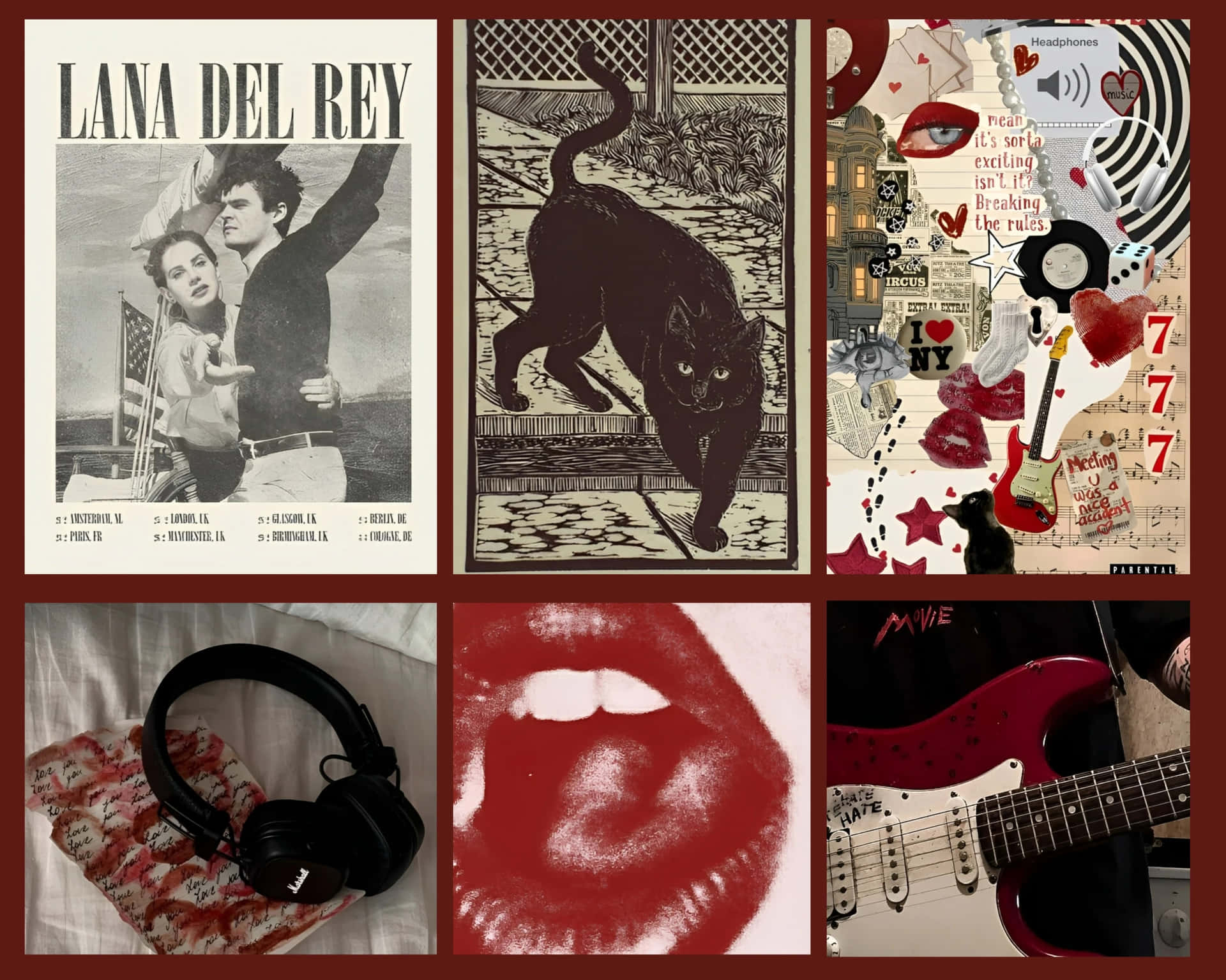  壁紙 — 由六個不同藝術面板組成的拼貼畫， featuring Lana Del Rey、黑貓、音樂紀念品、耳機、嘴唇和紅色吉他。