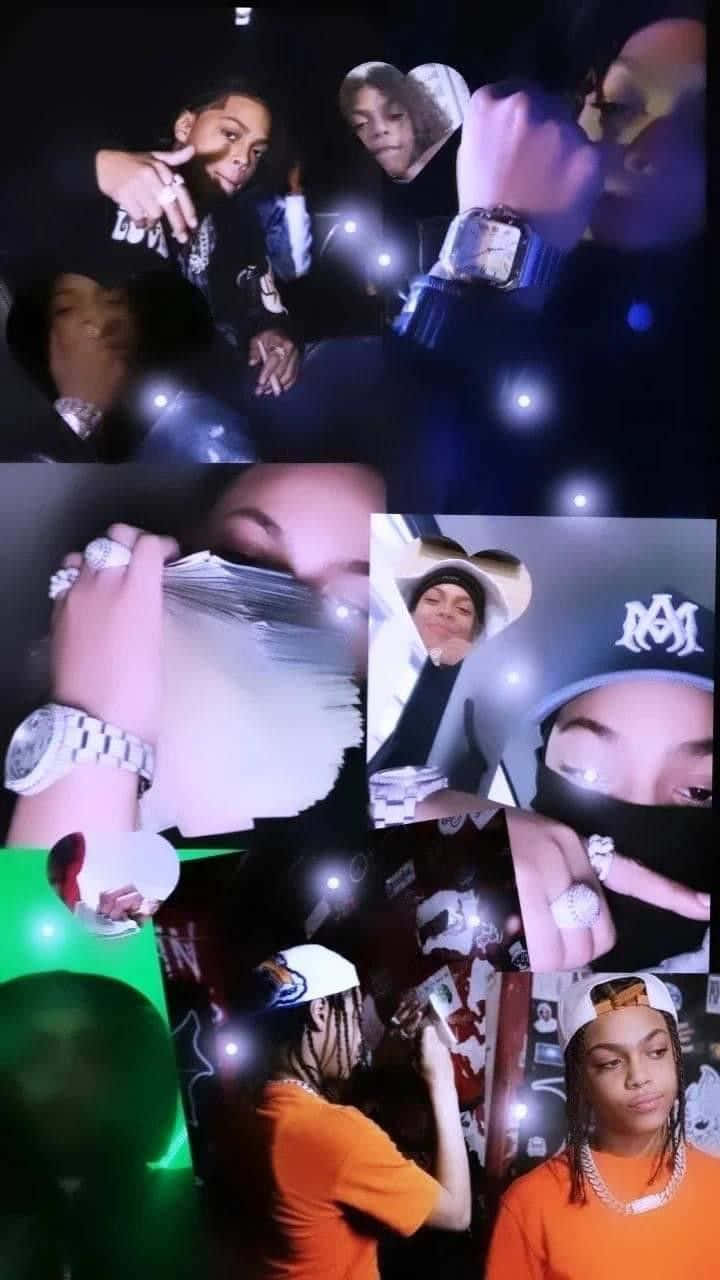  壁紙 — 年輕男子在昏暗環境中，在閃爍燈光下展示奢華手錶、戒指和現金的拼貼畫。