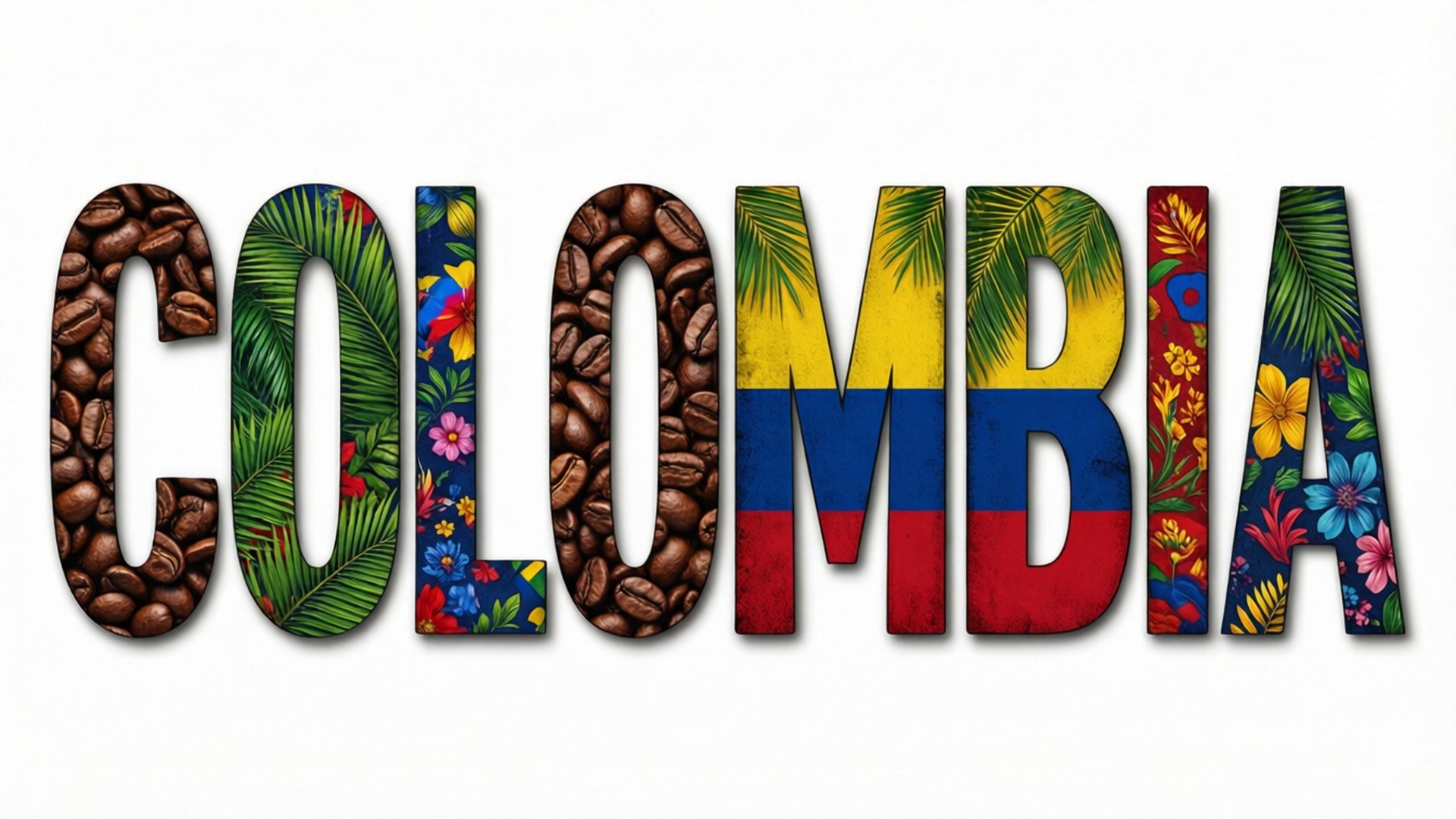 Colombia Word Art 壁紙 — 「哥倫比亞」一詞由咖啡豆、熱帶樹葉和國旗顏色拼寫而成，營造出充滿活力的文化拼貼畫。