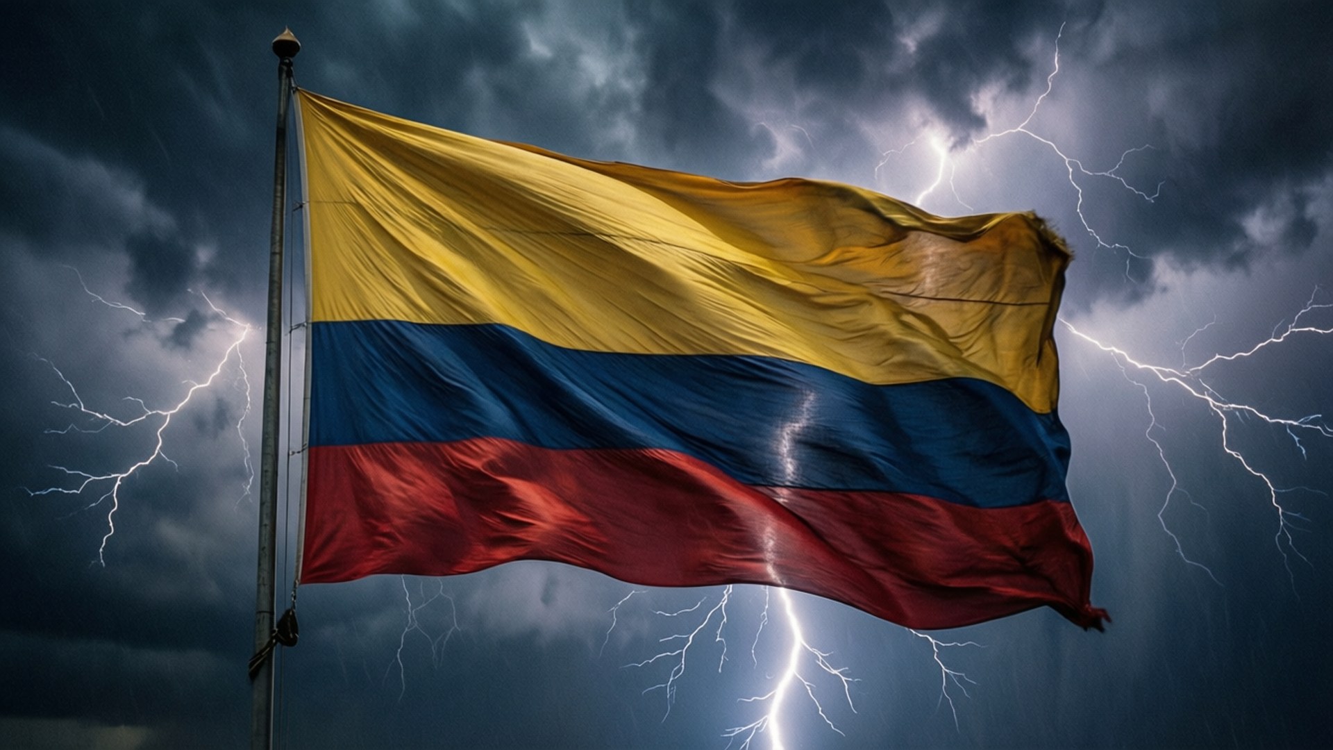 Stormy Sky Flag 壁紙 — 哥倫比亞國旗在閃電照亮的暴風雨中勇敢飄揚。