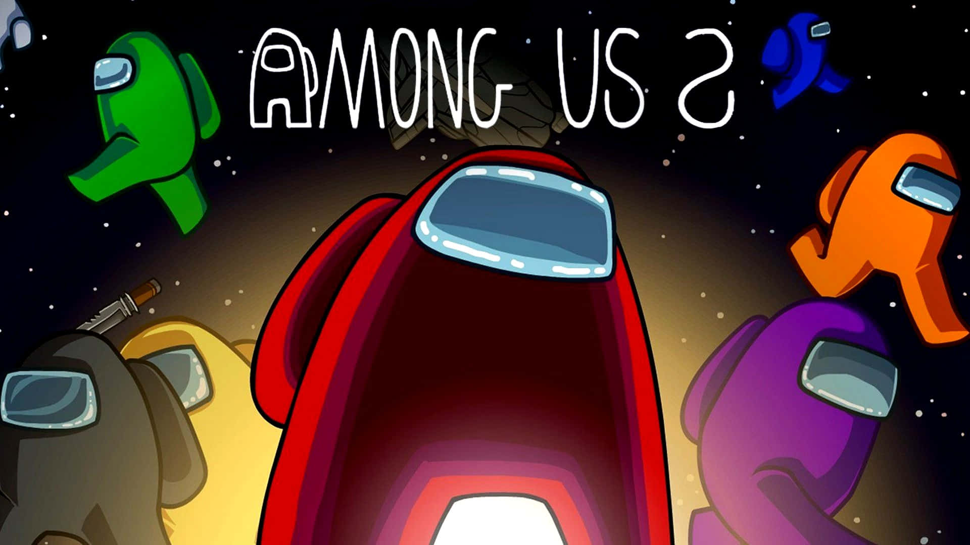 Among Us角色在太空中漂浮，遊戲標題可見。 — Among US 壁紙