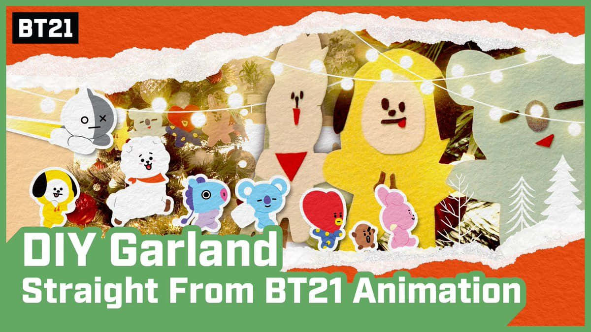 BT21卡通角色排列成手工製作的節日花環，配有雪和燈光。 — 4d 壁紙