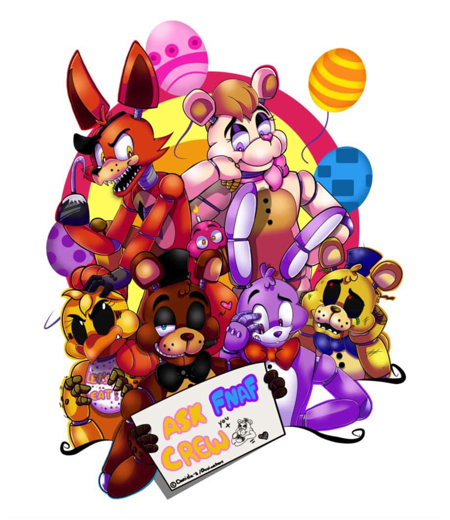 一群 Five Nights at Freddy's 的動畫角色拿著一個標誌，背後有氣球。 — 佛萊迪餐館之五夜驚魂 GIF 壁紙