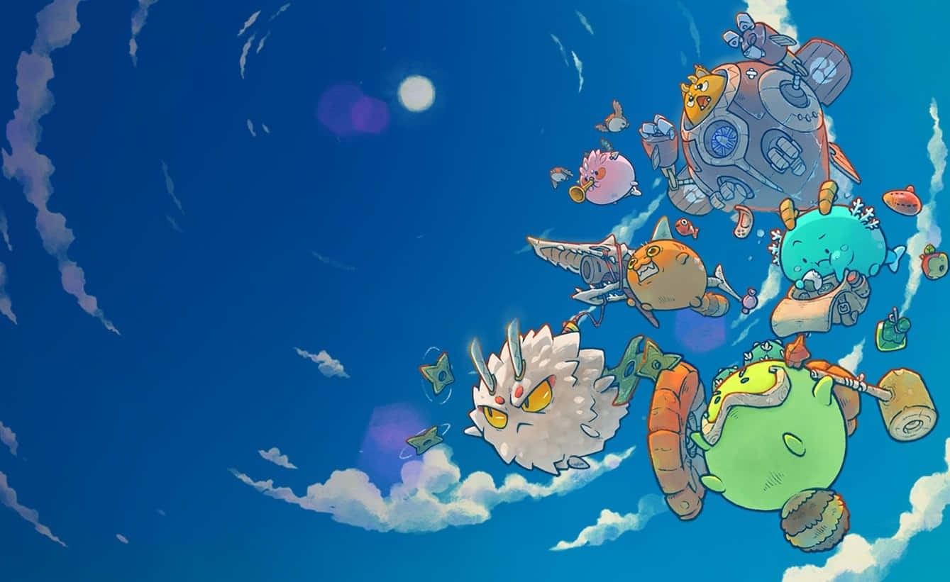  壁紙 — 色彩繽紛的卡通怪物和太空船在明亮的藍天中翱翔，天空中有蓬鬆的雲朵和發光的月亮。
