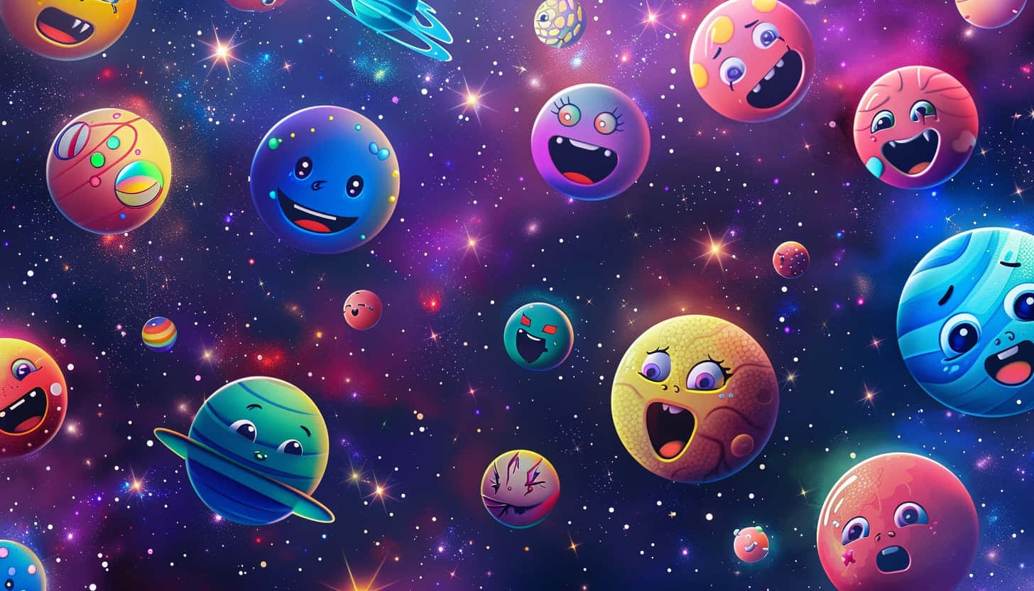  壁紙 — 色彩繽紛的卡通行星帶著表情豐富的臉孔，在閃爍的星星之間快樂地漂浮，構成充滿活力的宇宙場景。