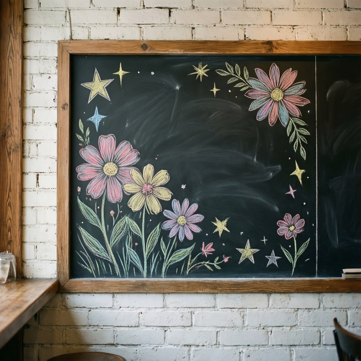 Chalkboard Art 壁紙 — 一個木框黑板展示了用粉彩粉筆在深色表面上畫的彩色花朵和星星，安裝在白色磚牆上。