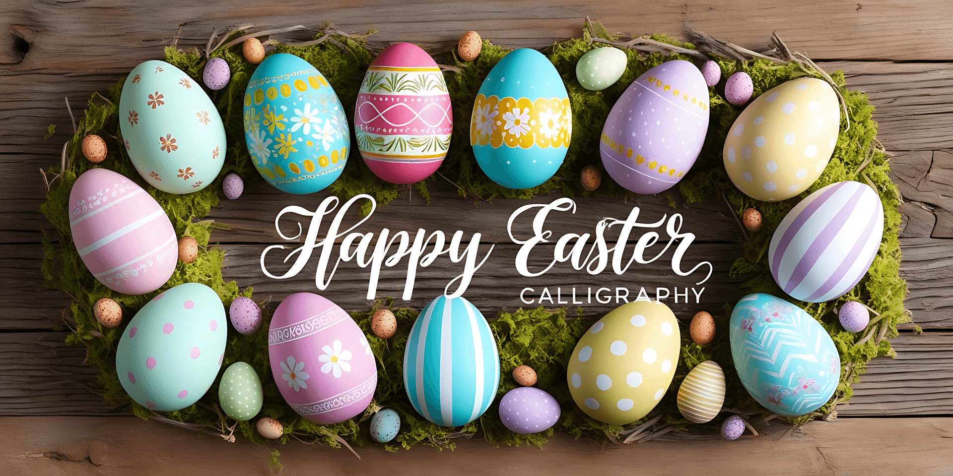 一個由色彩繽紛的裝飾復活蛋組成的花環放在苔蘚上，並帶有「Happy Easter Calligraphy」文字。 — Pastel 壁紙