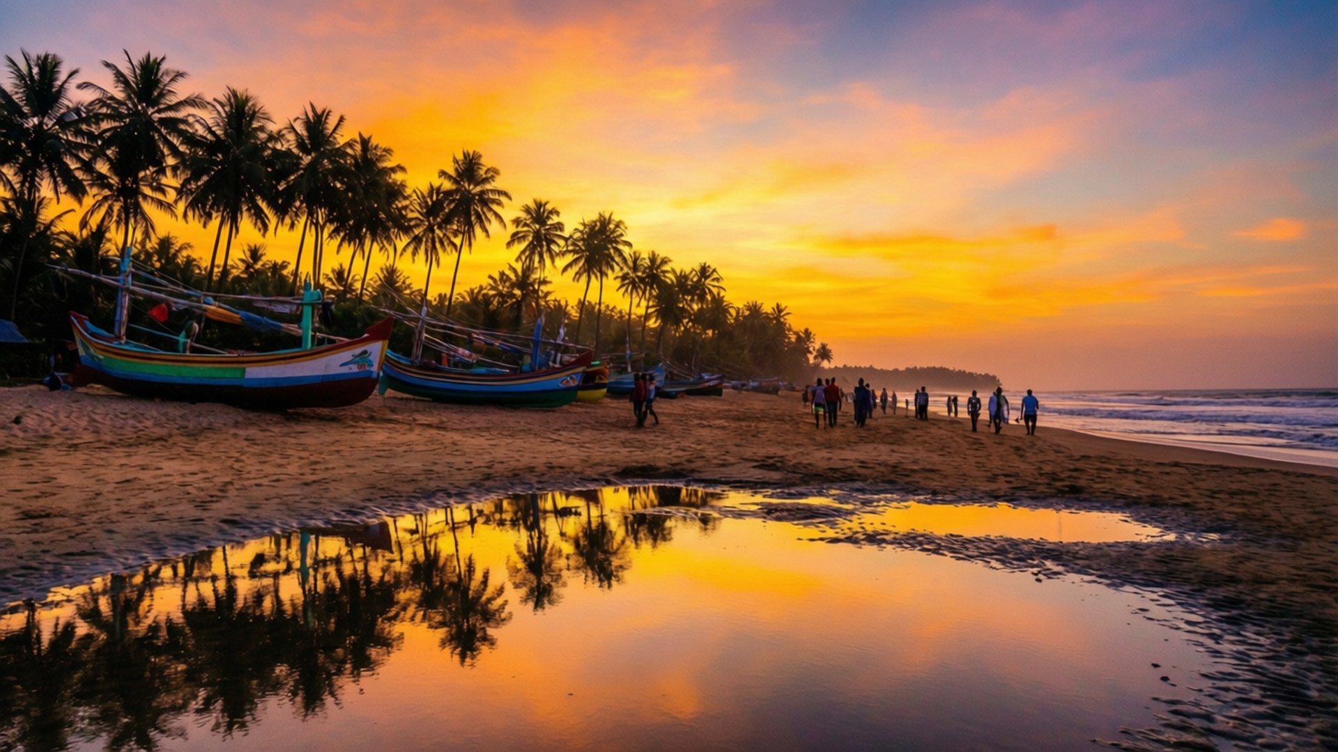Unawatuna Sunset 壁紙 — 色彩繽紛的漁船停泊在沙灘上，棕櫚樹在潮汐池中倒映，天空燃燒著夕陽。