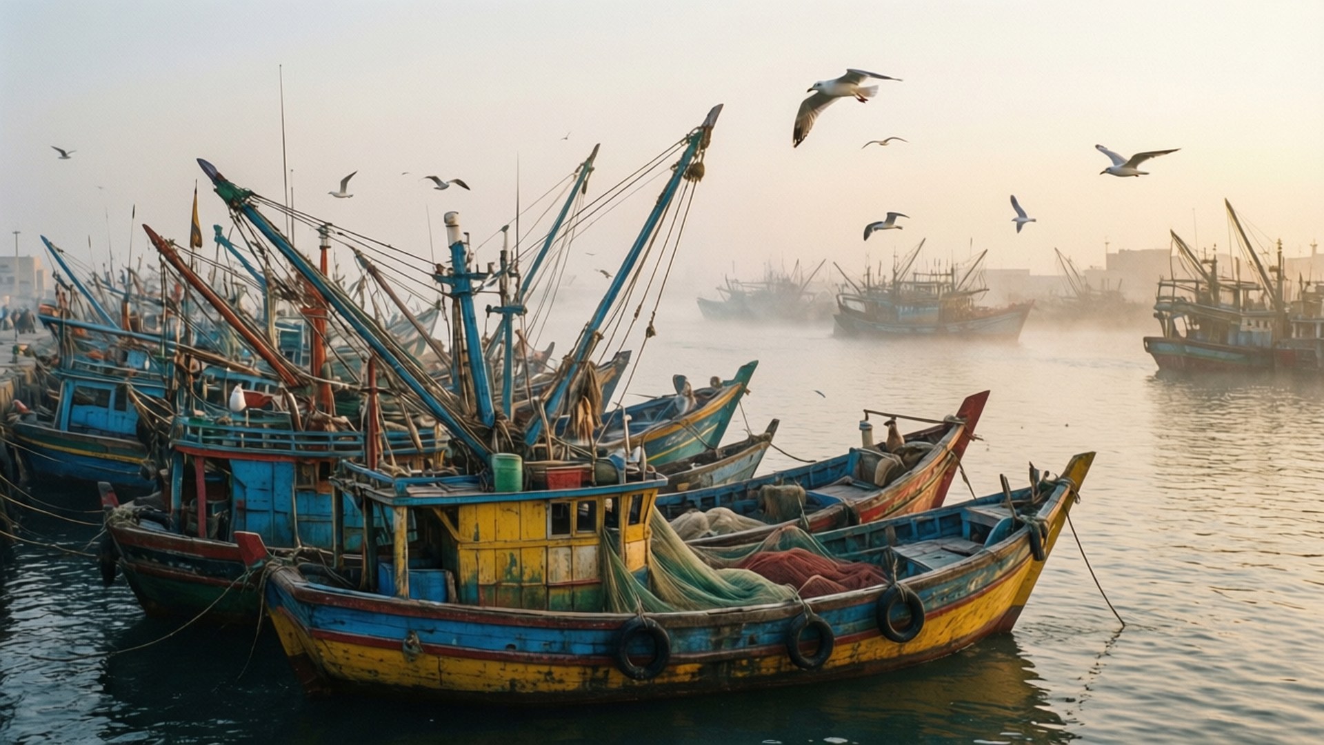 Karachi 桌布 壁紙 — 色彩繽紛的漁船帶著漁網和起重機在霧氣瀰漫的港口中停泊，海鷗在黃金時刻翱翔於上空。