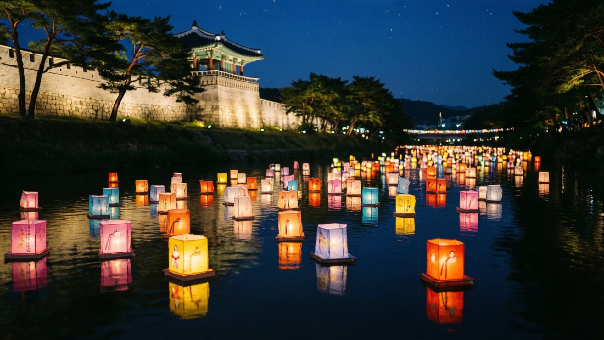 Jinju Lantern Festival Night 壁紙 — 色彩繽紛的漂浮燈籠在星空下的歷史石堡壘旁平靜水面上發光。
