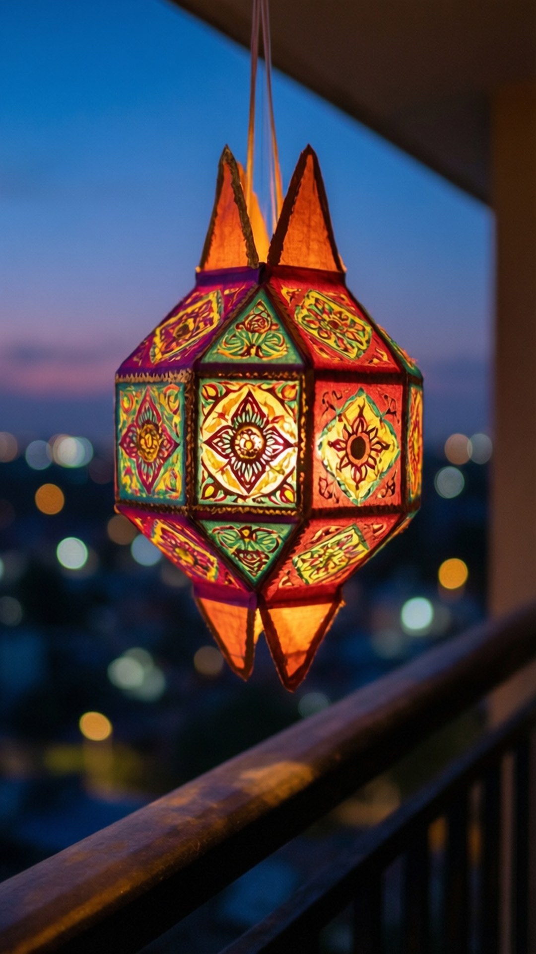 Twilight Lantern Glow 壁紙 — 一個色彩繽紛的幾何紙燈籠，帶有精緻的花卉圖案，掛在陽台欄杆上，背景是暮色城市景觀。