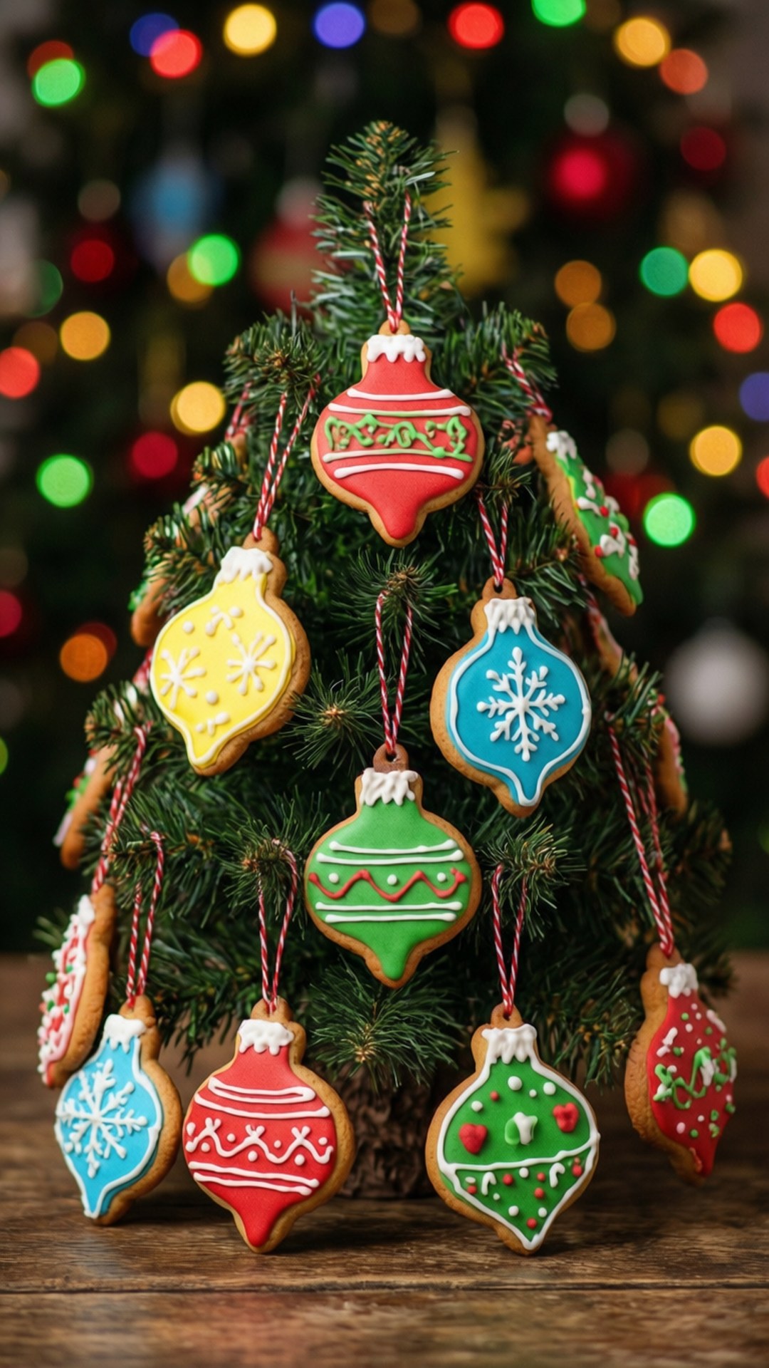 Ornament Cookies on Tree 壁紙 — 色彩繽紛的薑餅裝飾品形狀像小飾球，掛在一棵小常青樹上，背景是節日燈光的散景。