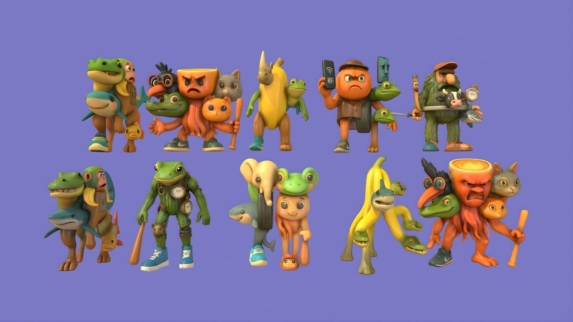  壁紙 — 一群色彩繽紛的卡通擬人化動物，表情豐富，配戴奇特飾品，站在純紫色背景前。