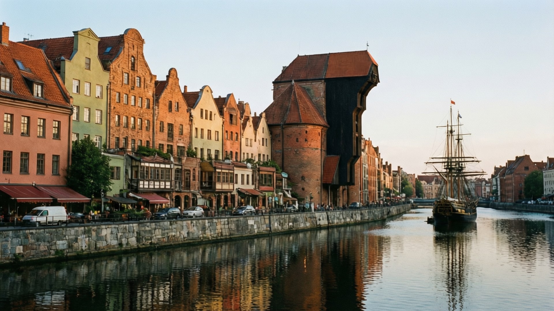 Gdańsk Waterfront at Dusk 壁紙 — 色彩繽紛的歷史建築排列在平靜的運河旁，附近有一艘高大的帆船在柔和的傍晚光線下停泊。