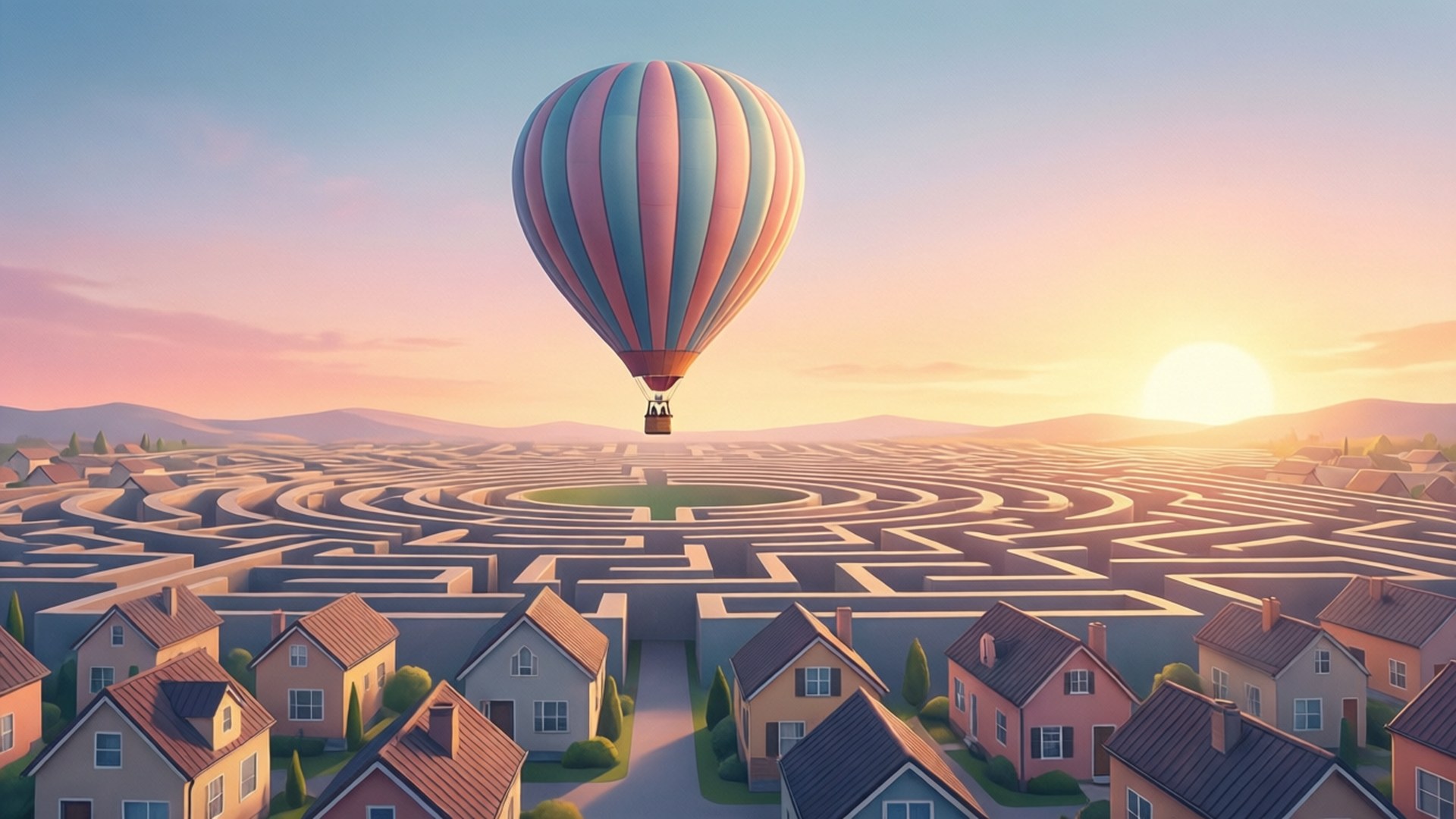 Balloon Over Maze 壁紙 — 一個色彩繽紛的熱氣球在日落時分飄浮在廣闊的郊區迷宮之上，周圍是粉彩色的房屋和遠山。