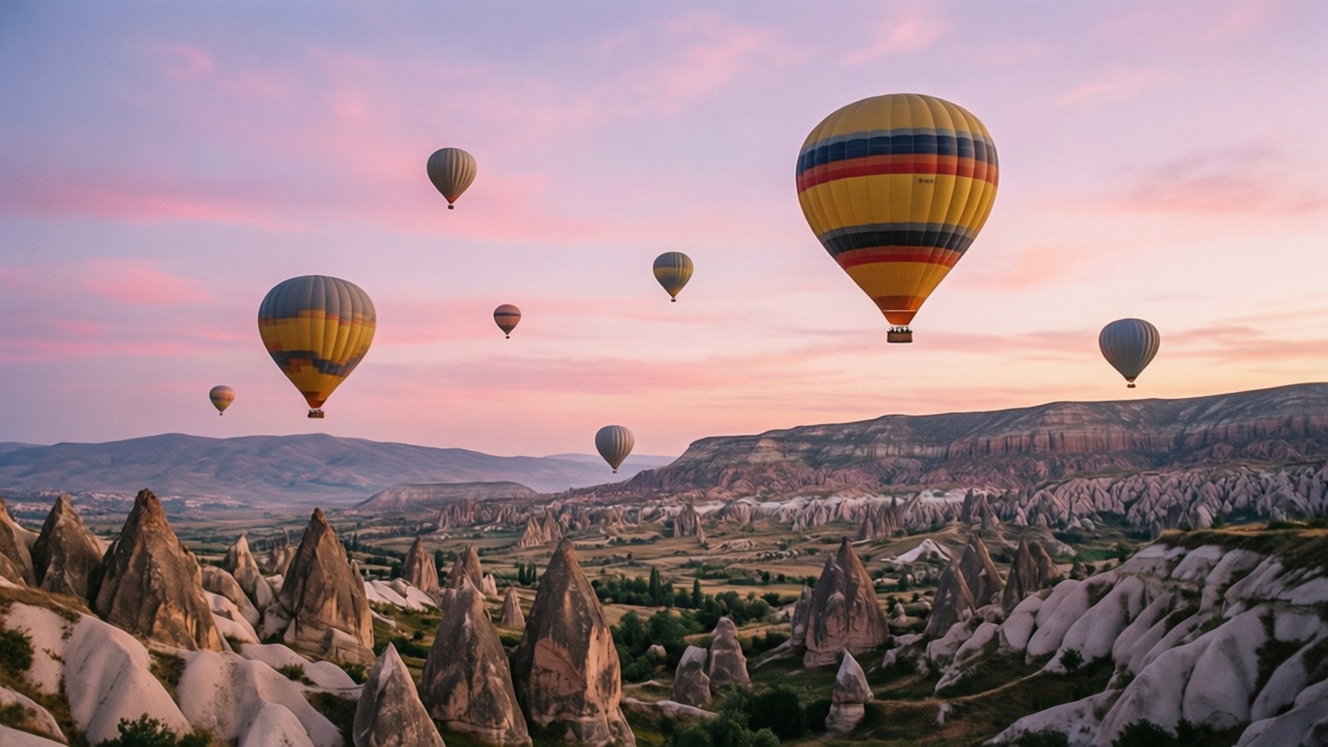 Cappadocia Dawn Balloons 壁紙 — 在土耳其卡帕多奇亞，色彩繽紛的熱氣球在日出時飄過精靈煙囪。