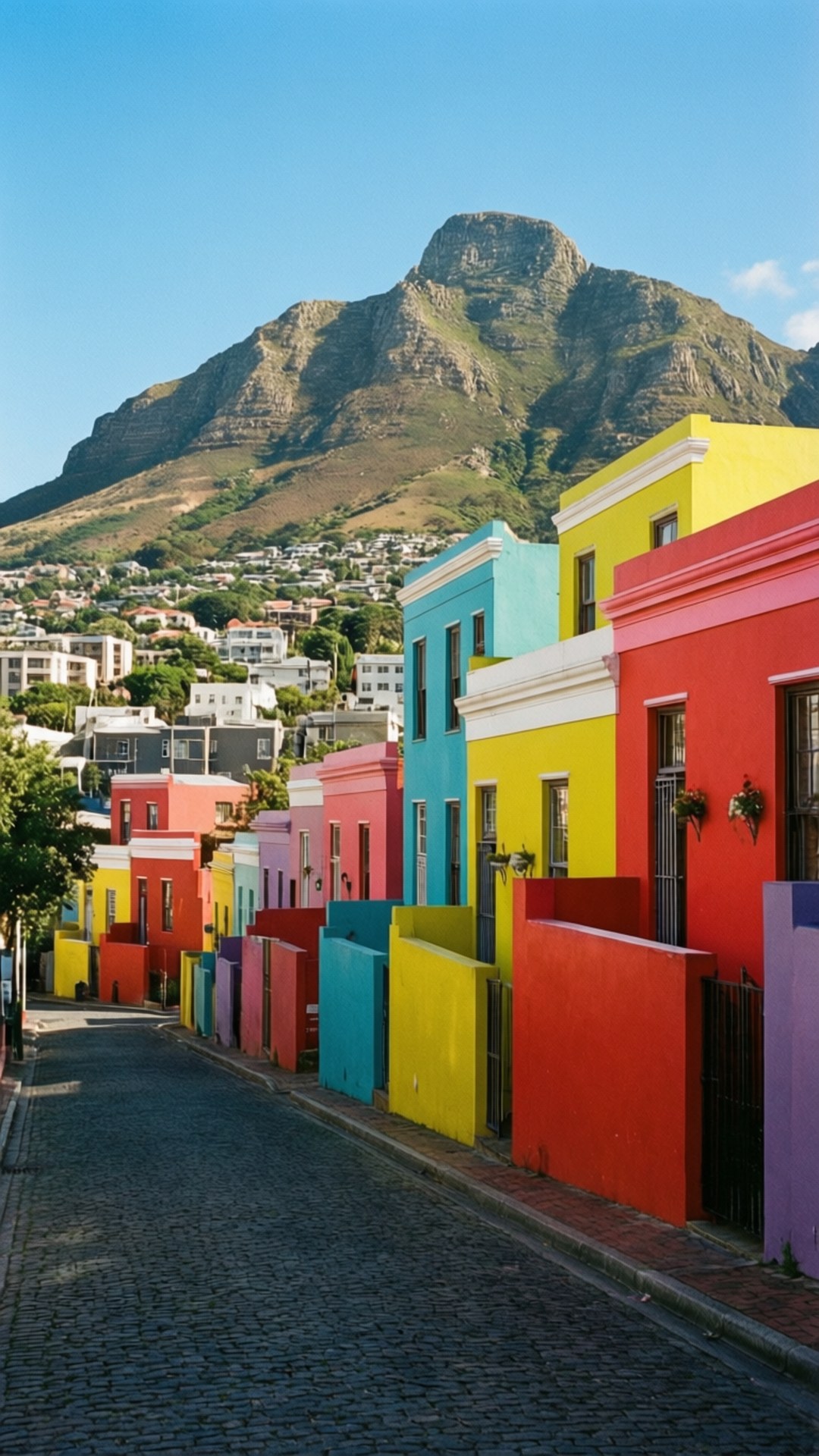 Bo-Kaap Colorful Houses 壁紙 — 色彩繽紛的彩虹色房屋排列在鵝卵石街道上，桌山在清澈藍天下雄偉地聳立在背景中。