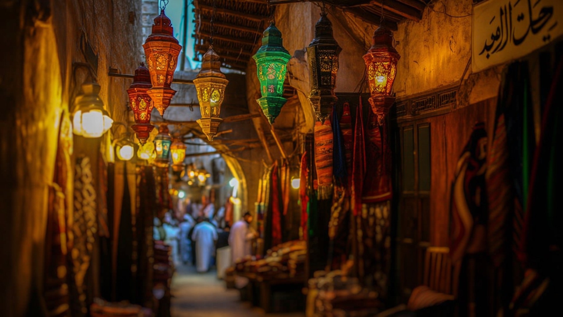 Al-Balad Souk Colors 壁紙 — 色彩繽紛的裝飾燈籠溫暖地懸掛在狹窄而繁忙的小巷上方，小巷兩旁擺滿紡織品和木製攤位。
