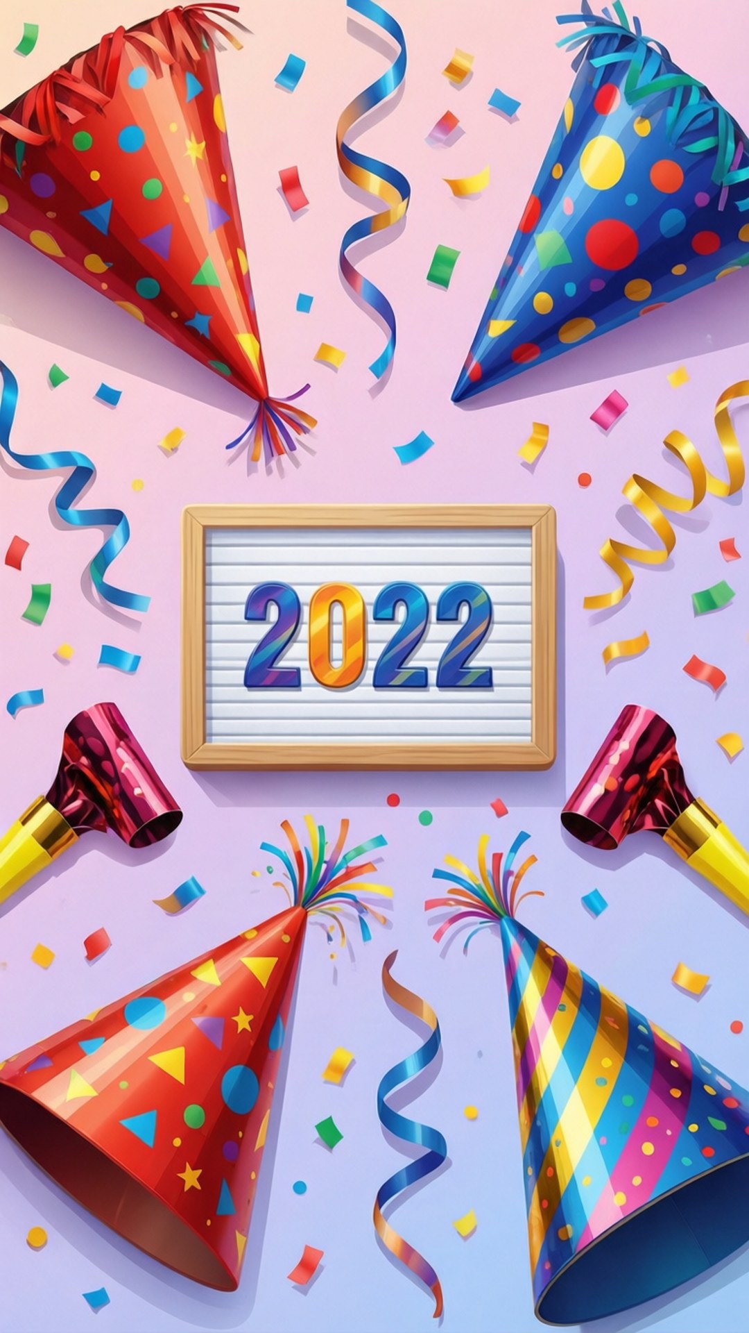 Party Supplies Flat Lay 壁紙 — 色彩繽紛的派對帽、彩帶和五彩紙屑圍繞著一個帶框的2022標誌，背景是柔和漸變色。