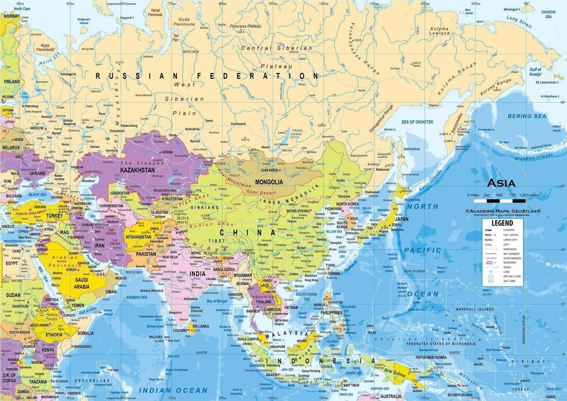 亞洲政治地圖，各國以不同顏色顯示，邊界有標註。 — 世界地圖 壁紙